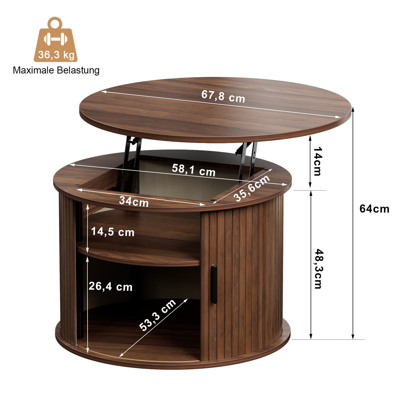FABATO Couchtisch Runder Couchtisch mit Lift-Funktion & gewelltem Holzdekor (1-St., mit verstecktem Stauraum, offenem Regal), drehbarer Schiebetür als kleiner E – Bild 4 von 5