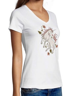 MyDesign24 T-Shirt Damen Pferde Print Shirt bedruckt - Einhorn mit Blumen V-Ausschnitt Baumwollshirt mit Aufdruck, Slim Fit, i186