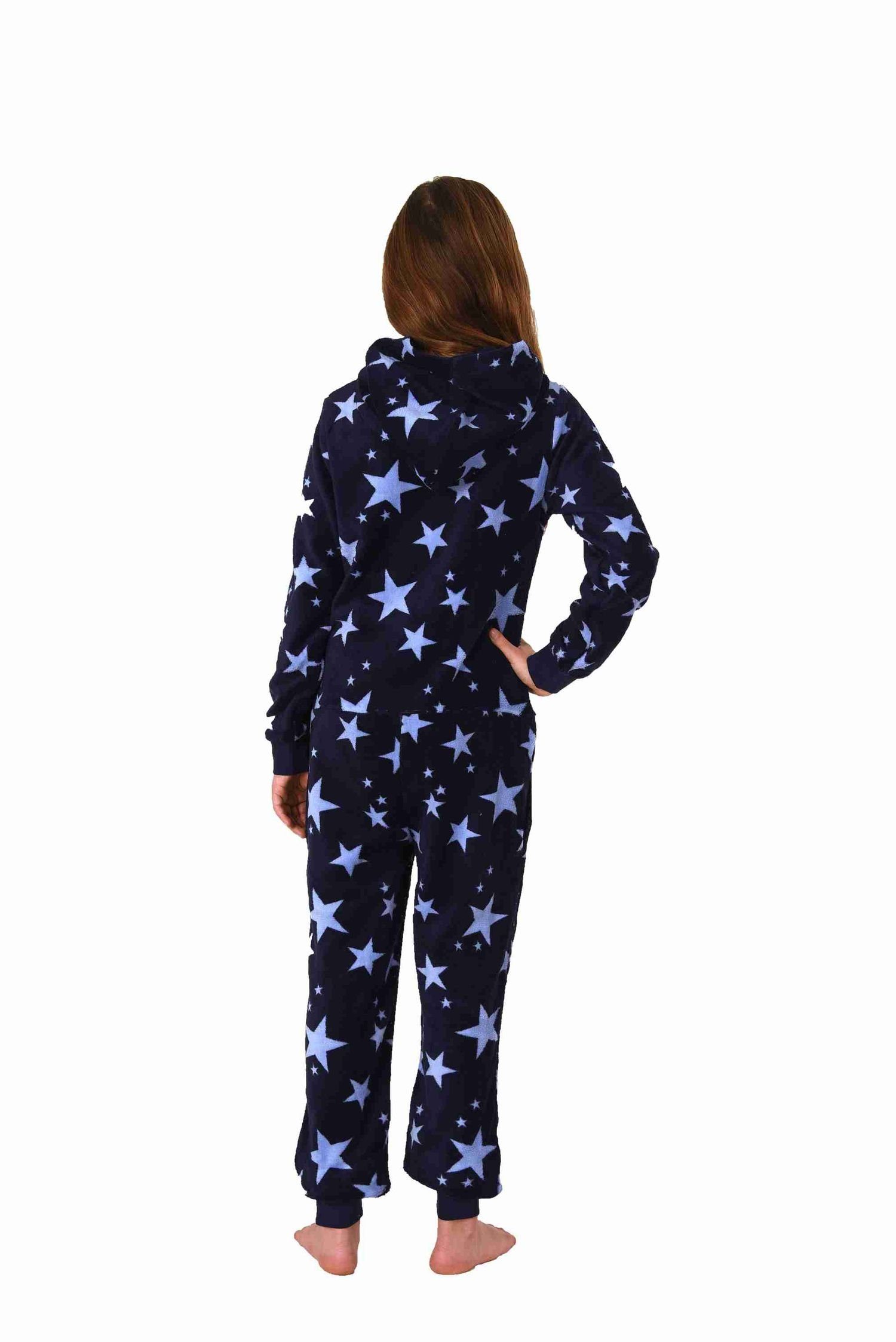 Normann Pyjama Damen Jumpsuit Overall mit Kapuze im Sternen Look aus Coralfleece