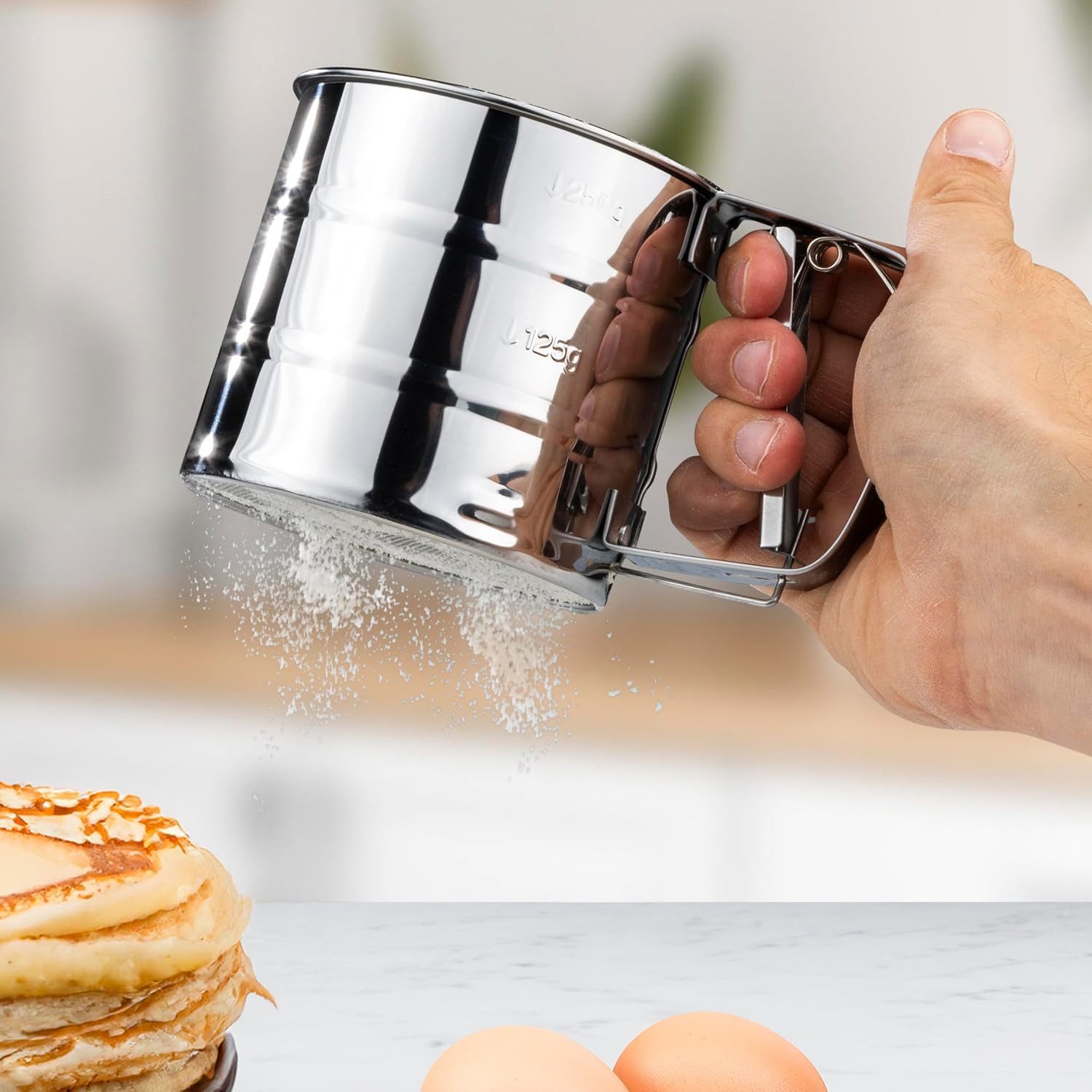 mucHome Brühsieb Mehlsieb Puderzuckerstreuer feines Mehlsieb Einhand-Bedienung