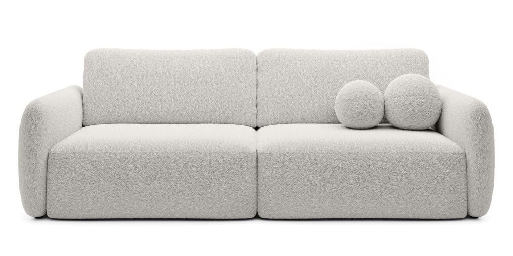 Goldstoff Schlafsofa Boo mit Bouclé-Stoff, Dekorative runde Kissen, ausziehbare Liegefläche