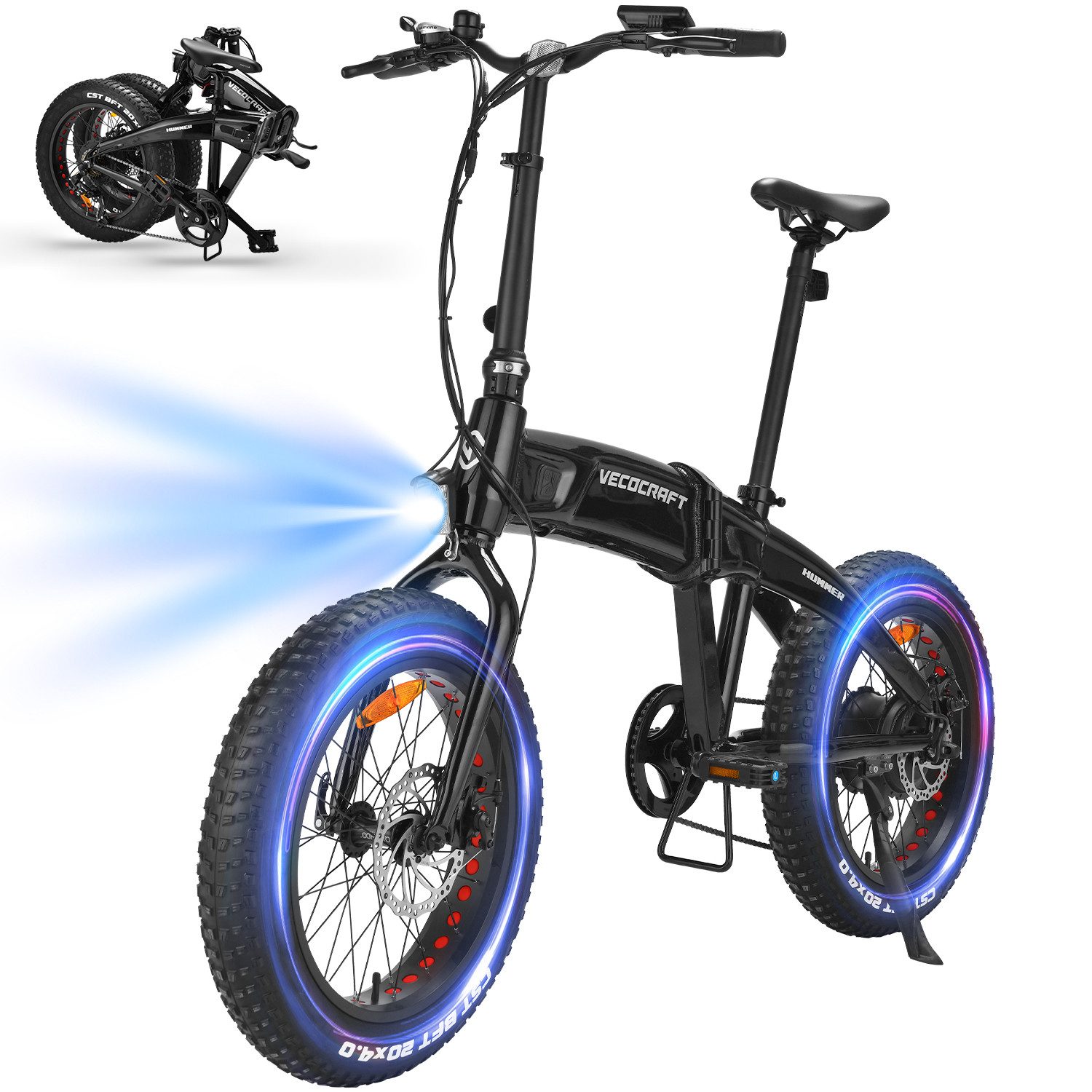 VECOCRAFT E-Bike Faltrad 20*4‘’ Elektrofahrrad,45Nm Klapprad Pedelec 48V10Ah,Akku bis 100km, 7 Gang Shimano, Kettenschaltung, Heckmotor, 480 Wh, (Max.25 km/h), MTB E Mountainbike,Fette Reifen, HUMMER, für Damen und Herren