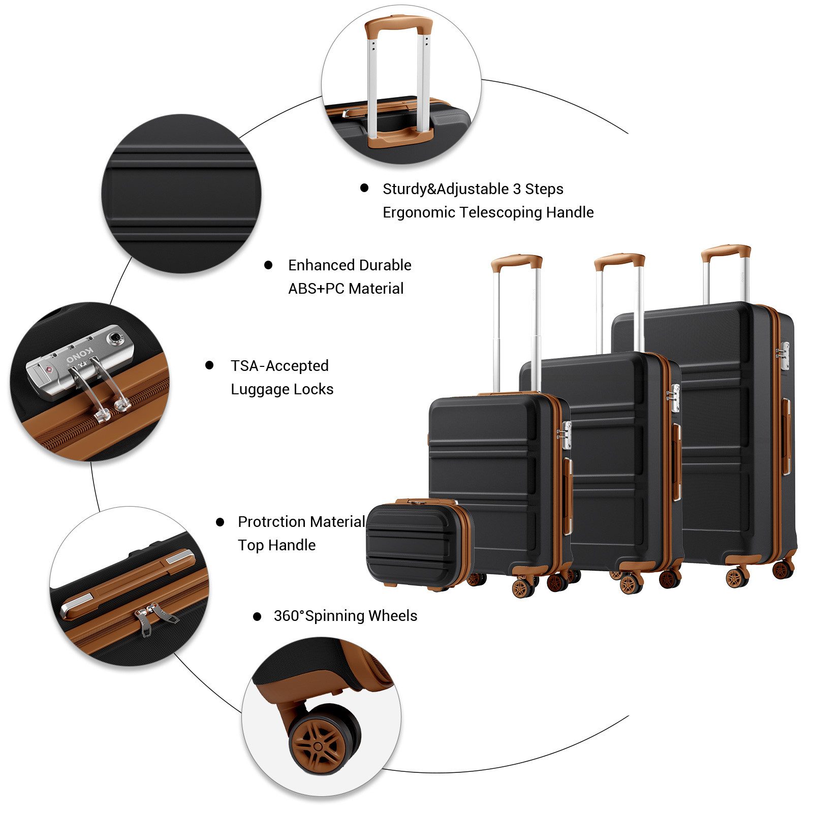 KONO Kofferset 4-teiliges Reiseset, ABS-Hartschalenkoffer (XL/L/M) + Kosmetikkoffer, (4 tlg) – Bild 3 von 3