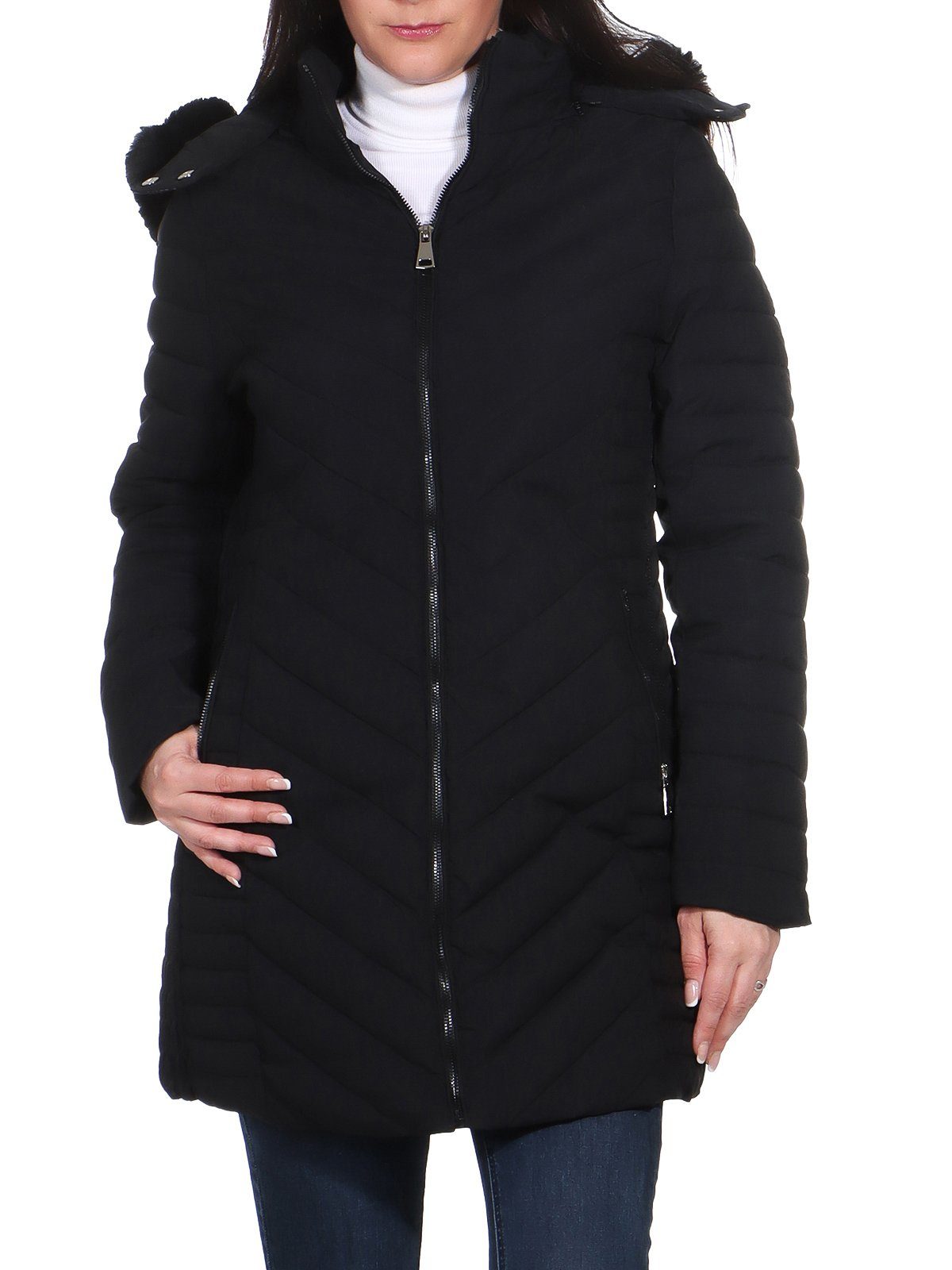 Teddyfell Outdoorjacke Damenmode Schwarz Damen Teddyfell mit mit Aurela mit warme Kapuze Langjacke Steppjacke