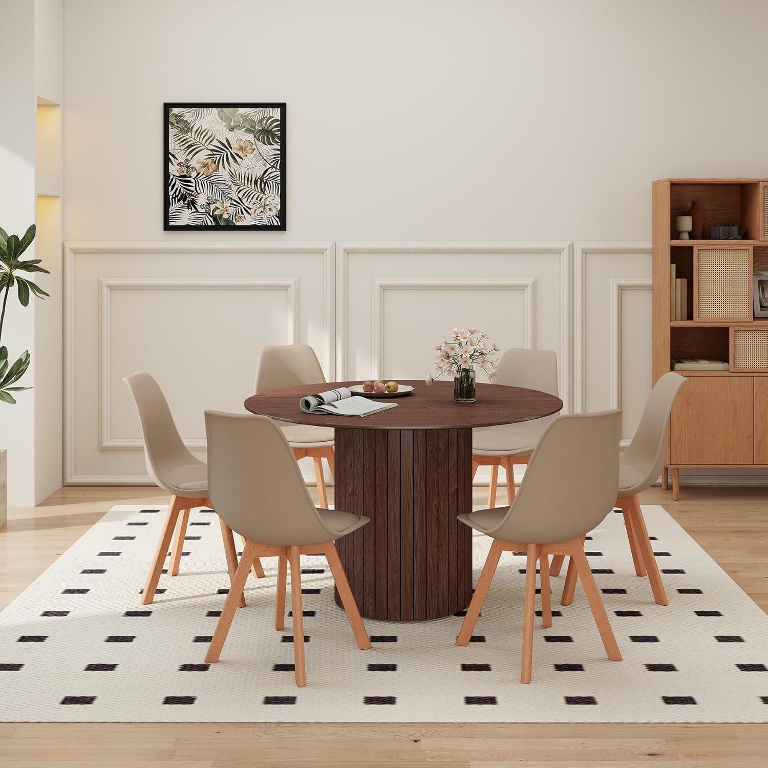 LuxusKollektion Essgruppe Esstisch 120cm rund MDF Holzfuß 1 Tisch 6 Stühle Dunkelbraun Khaki