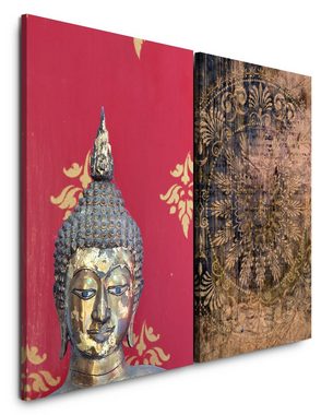 Sinus Art Leinwandbild 2 Bilder je 60x90cm Buddha Buddhakopf Mantra Mandala Meditation Achtsamkeit Yoga