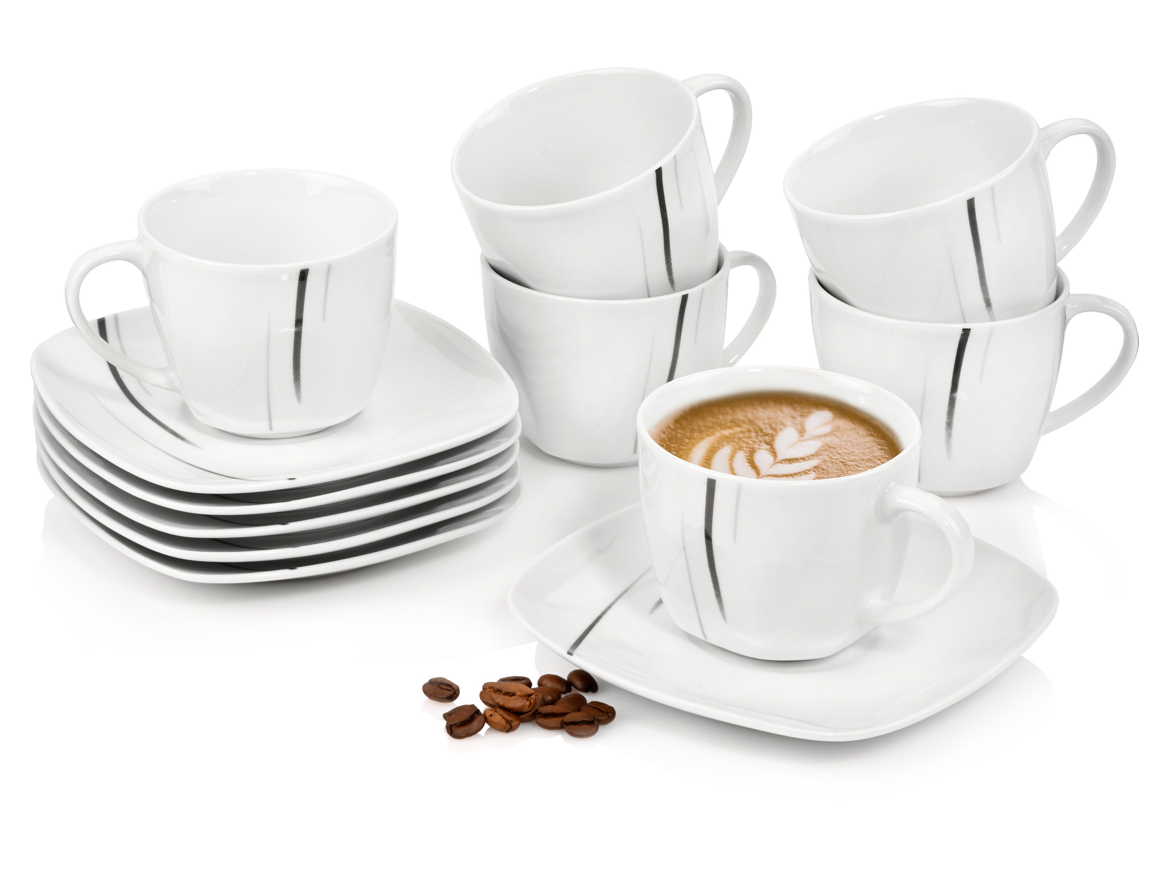 SÄNGER Kaffeeservice Bilgola Black Lines Kaffetassen Set (12-tlg), 6 Personen, Porzellan, Weiß mit schwarzen Linien, Zeitlos,modernes Design