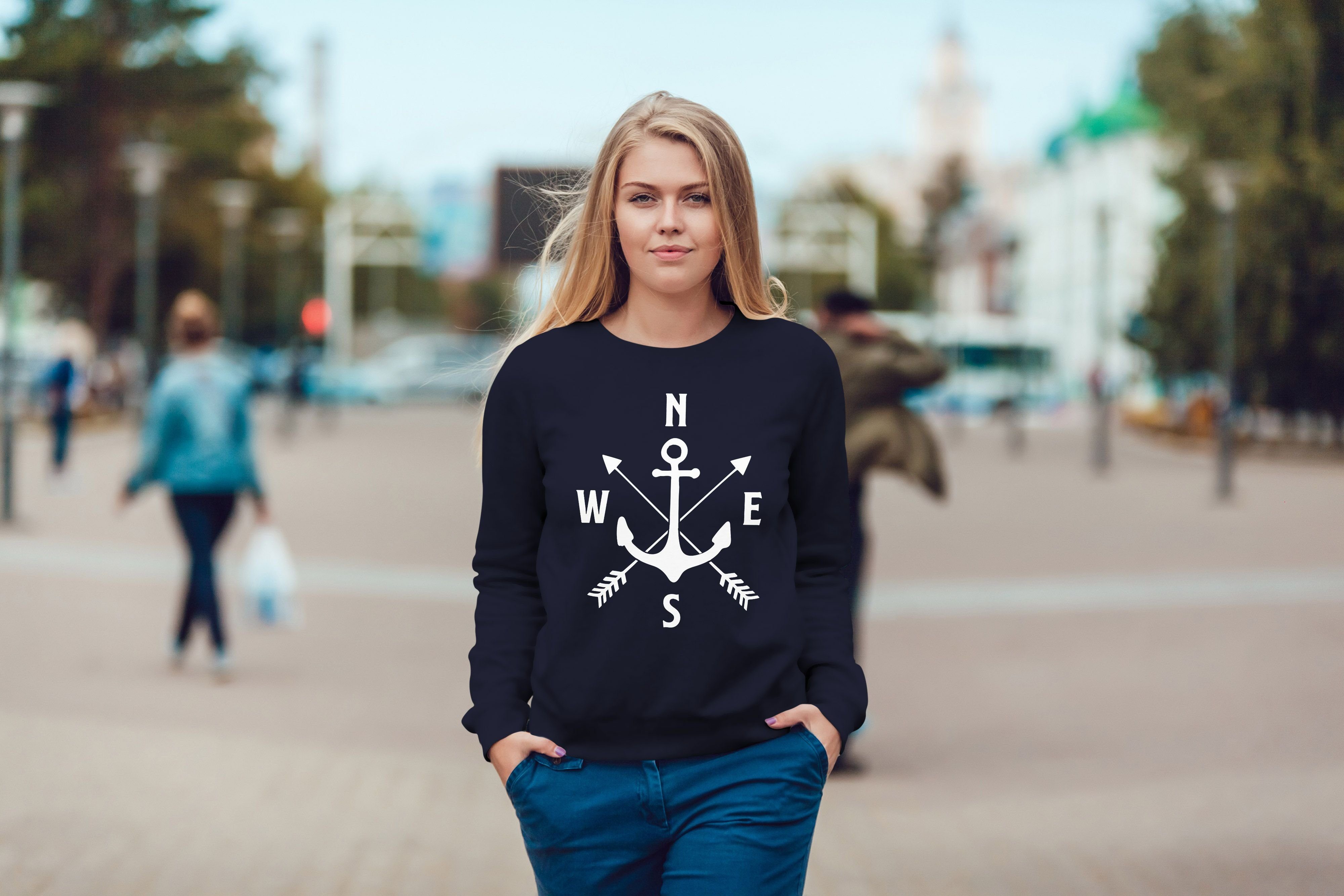 MoonWorks Sweatshirt Sweatshirt Damen Aufdruck Motiv Sweater Rundhals-Pullover Moonworks® Anker Kompass navy Pulli Pfeile