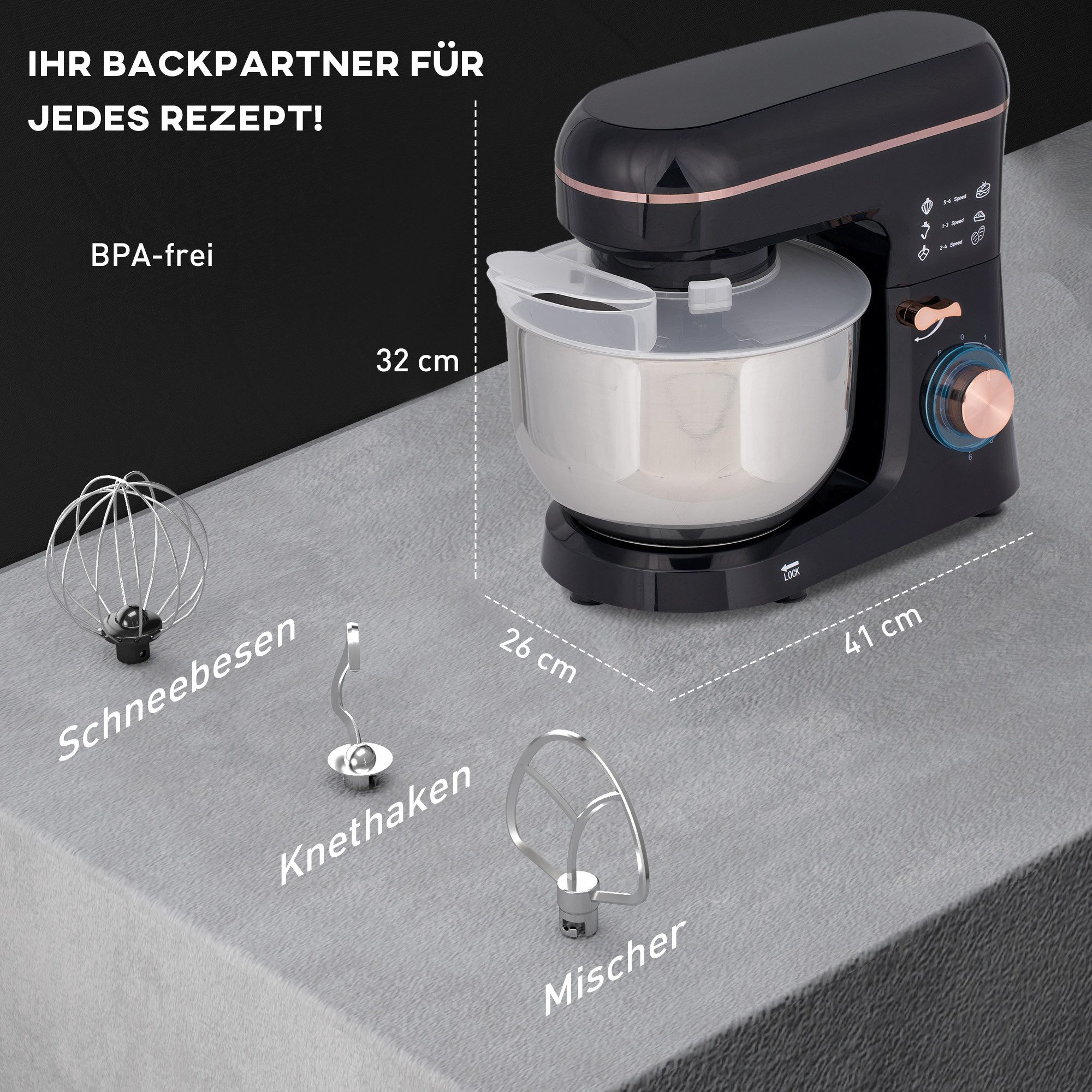 HOMCOM Küchenmaschine 800-251V91BK, 1400 W, 5.5 l Schüssel, mit Rührhaken, Schlagbesen, Spritzschutz, Teigschaber und Eiertrenner