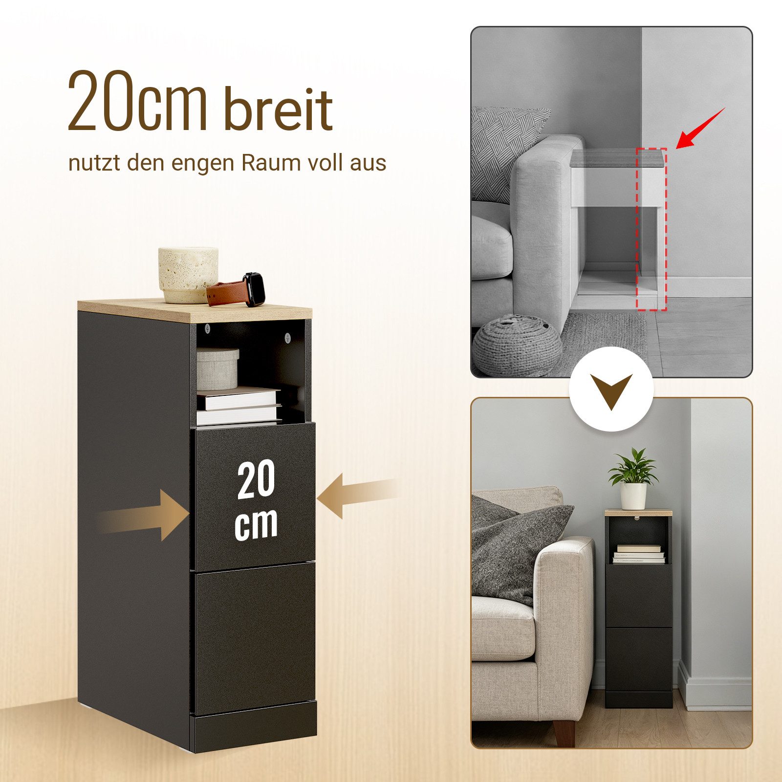 SoBuy Beistelltisch FBT149, Nachtschrank Beistelltisch mit 2 Schubladen, Nachttisch schmal, Platzsparendes Möbelstück für Schlafzimmer & Nischen, Ideal für Mieter
