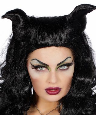 Karneval-Klamotten Kostüm Maleficent Hörner Horn Perücke Damen Halloween, Maleficient Perücke schwarz böse dunkle Fee Horror Halloweenperücke