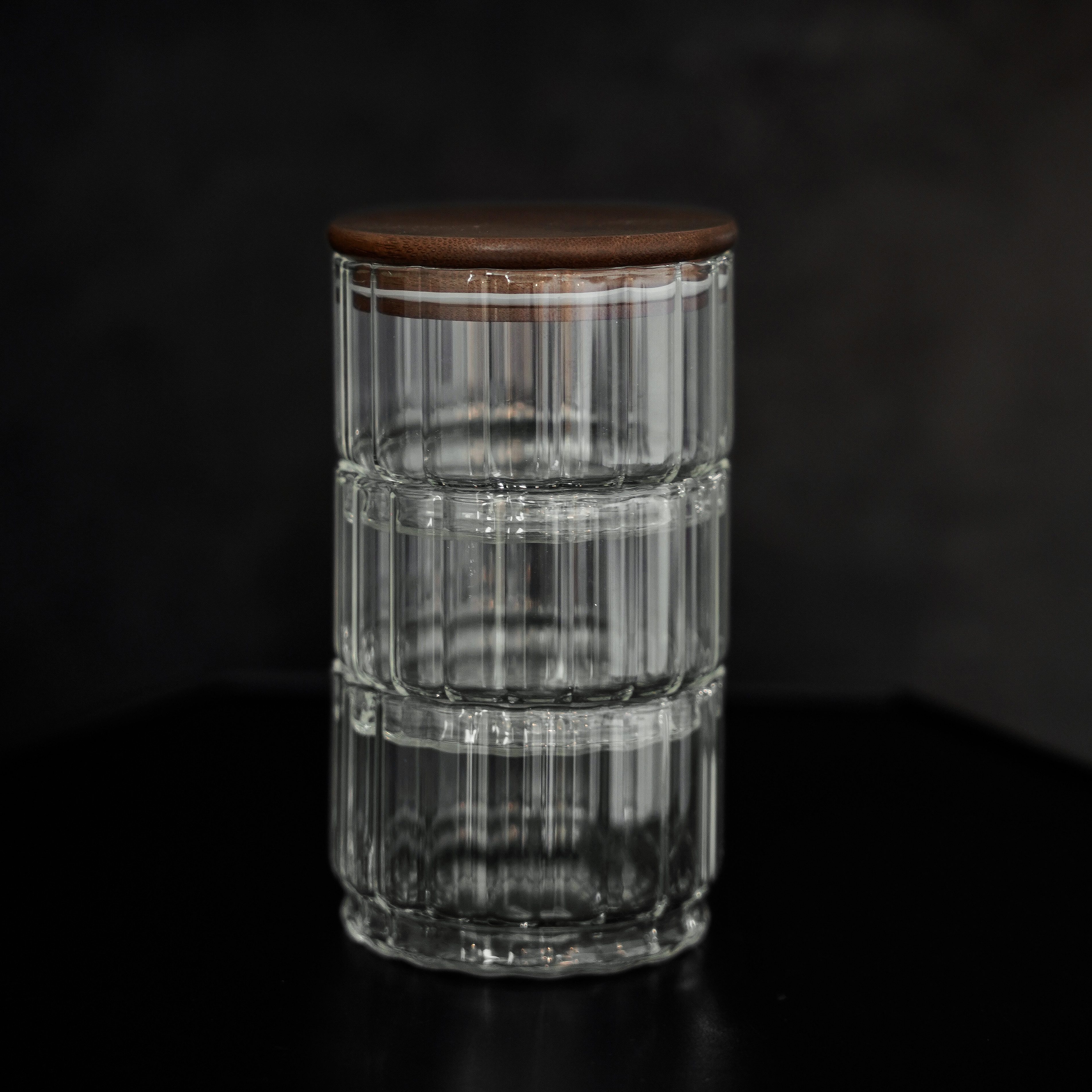 Mulex Aufbewahrungsdose Aufbewahrungsbehälter aus Glas mit Holzdeckel, 3-teilig - stapelbar (4 St), stapelbar – Bild 5 von 5