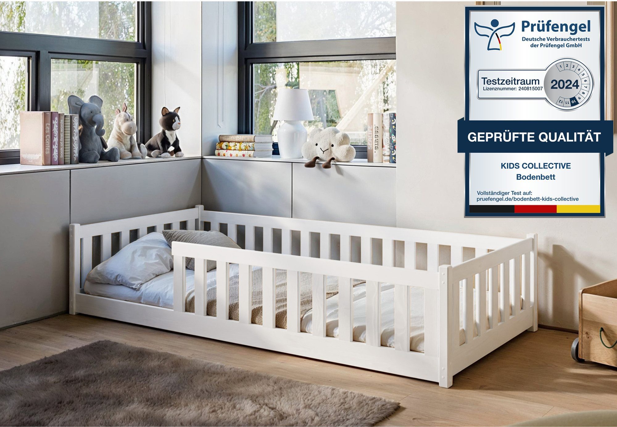 Kids Collective Kinderbett Bodenbett Bett mit Rausfallschutz & Lattenrost Montessori Bett Kinder (weitere Größen 80x160, 80x180, 90x200, 120x200, 140x200 cm), Jugendbett Einzelbett optional mit Matratze, weiß Kiefer 90 x 190 cm