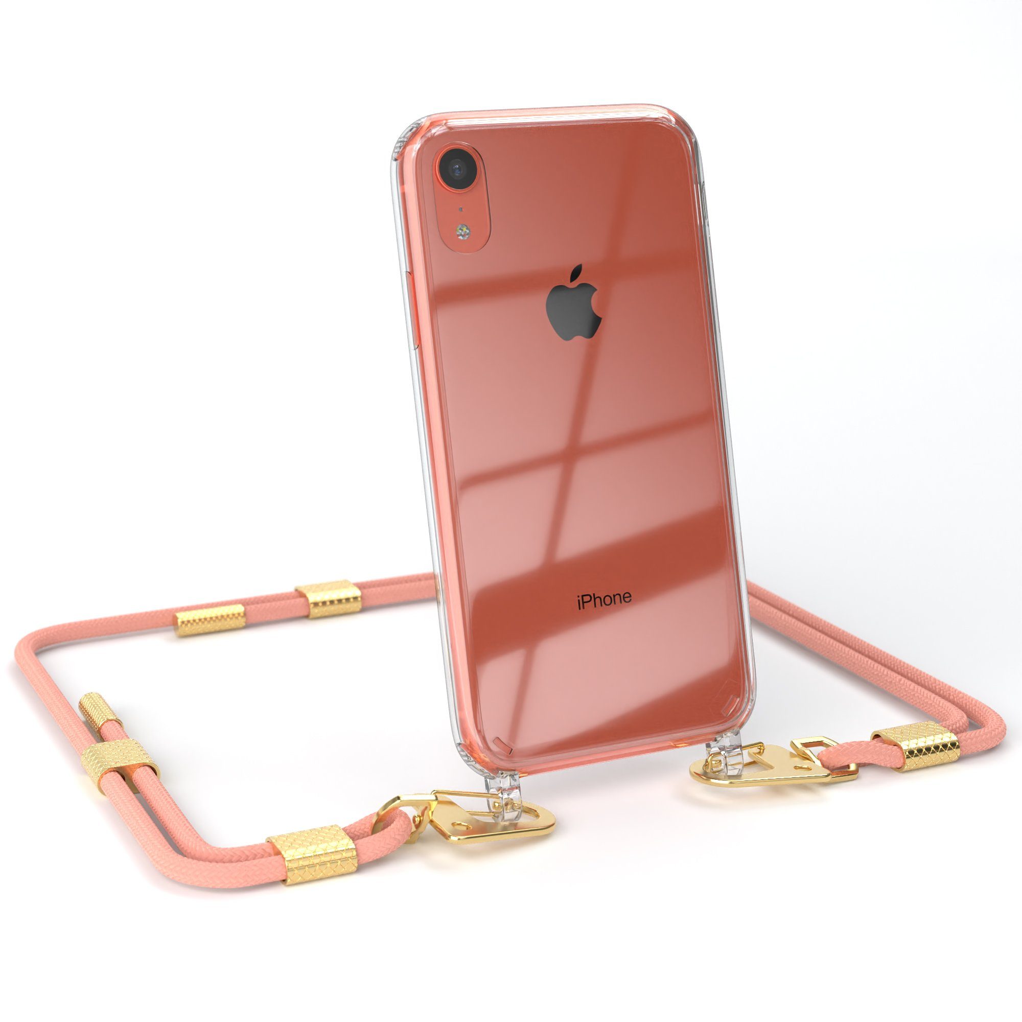 EAZY CASE Handykette Silikonhülle mit runder Kette für Apple iPhone XR 6,1 Zoll, Handytasche durchsichtige Silikon Hülle mit Umhängeband Altrosa Coral