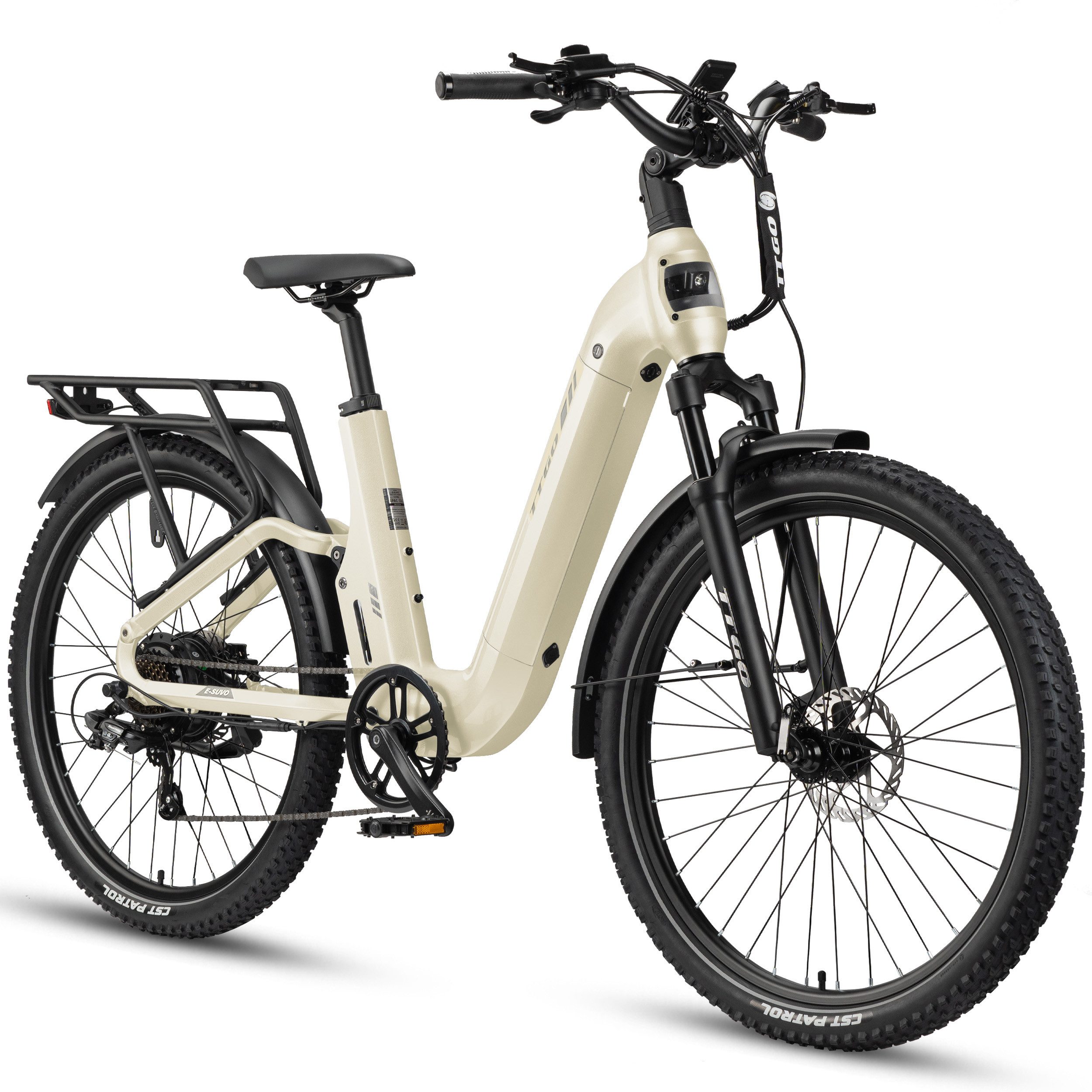 TTGO E-Bike Cityrad 28 Zoll Damen Herren, SUV, Fully, 48V 720Wh bis zu 140km, Bremslicht, 7 Gang Shimano ARDTY300D Schaltwerk, Kettenschaltung, Heckmotor, 720 Wh, (Softtail, Farb-LCD-Display, Drehmomentsensor), Vollfederung, Elektrofahrrad mit Tiefeinstie