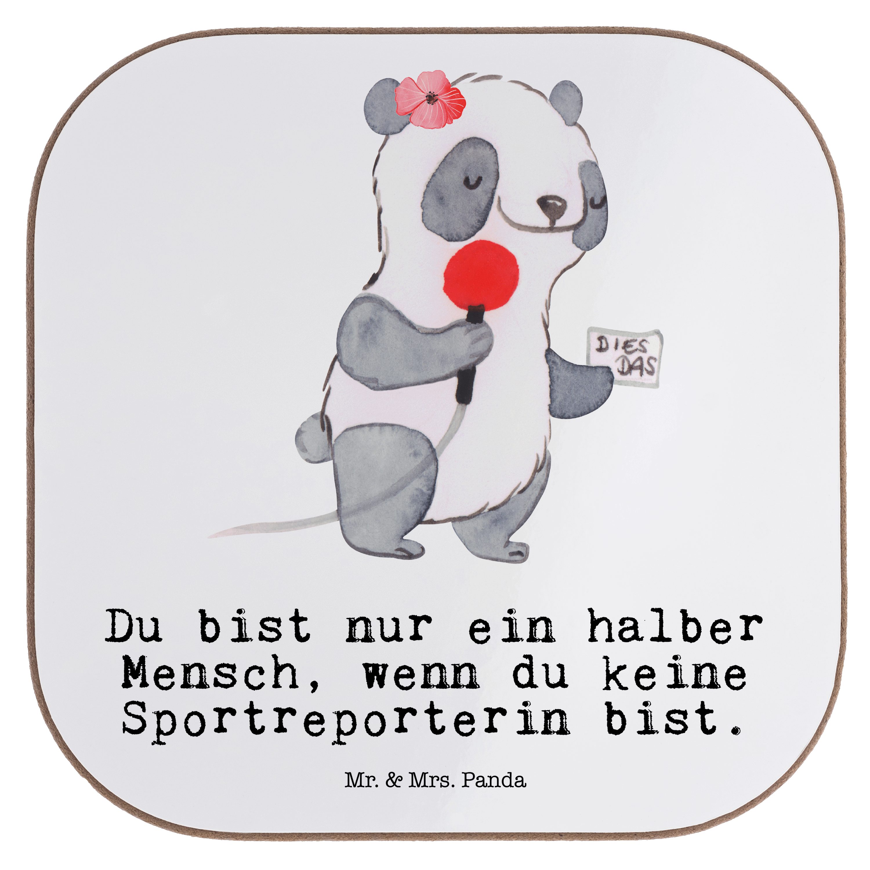 Mr. & Mrs. Panda Getränkeuntersetzer Sportreporterin mit Herz - Weiß - Geschenk, Untersetzer Gläser, Schen, 1-tlg.