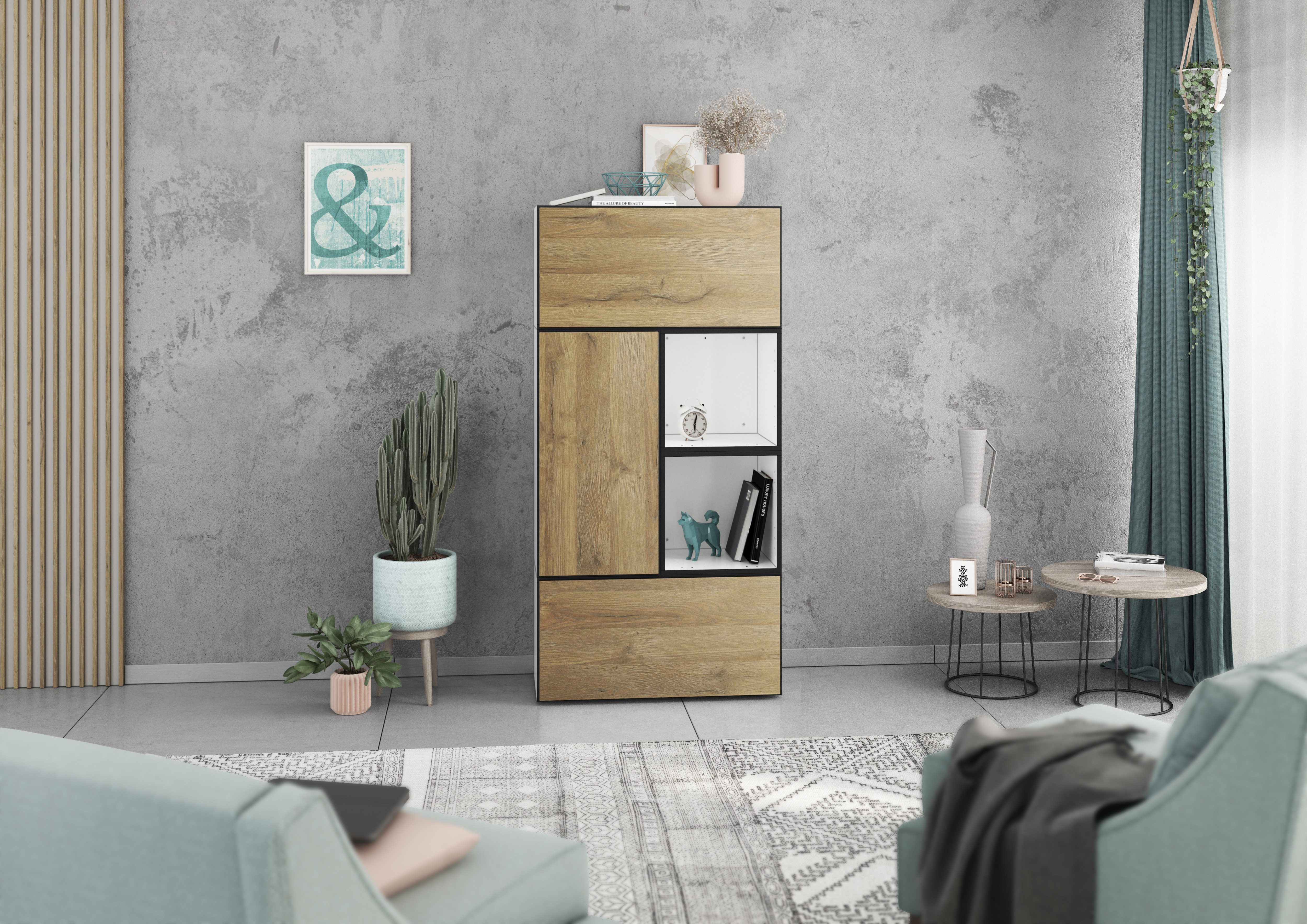 BMG Möbel Stauraumvitrine Modul+ (5 teiliges Highboard Set bestehend aus, 2x Schrank mit Klappenfunktion, 1 x Schrank mit Tür, 2x offenes Regal) Schränke und Regale können einzeln oder als Set montiert werden