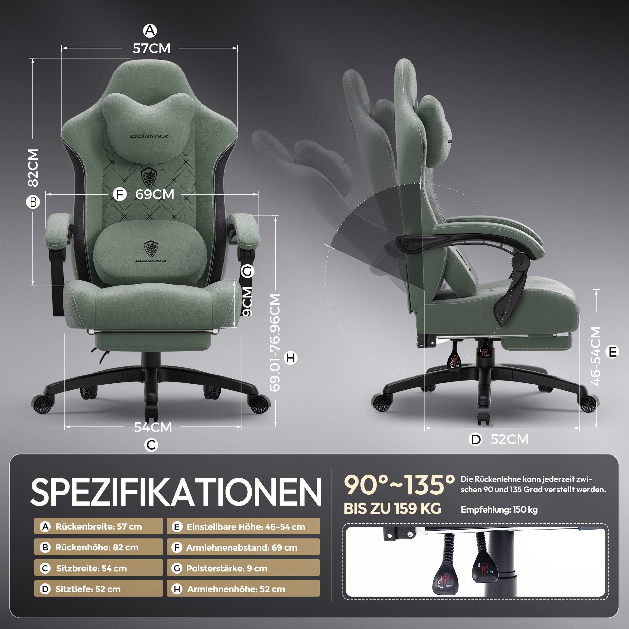 Dowinx Gaming-Stuhl Bürostuhl mit Beheizter Massage Lendenwirbelstütze (Packung), Gamer Stuhl Stoff mit Tasche Frühling Kissen und Fußstütze