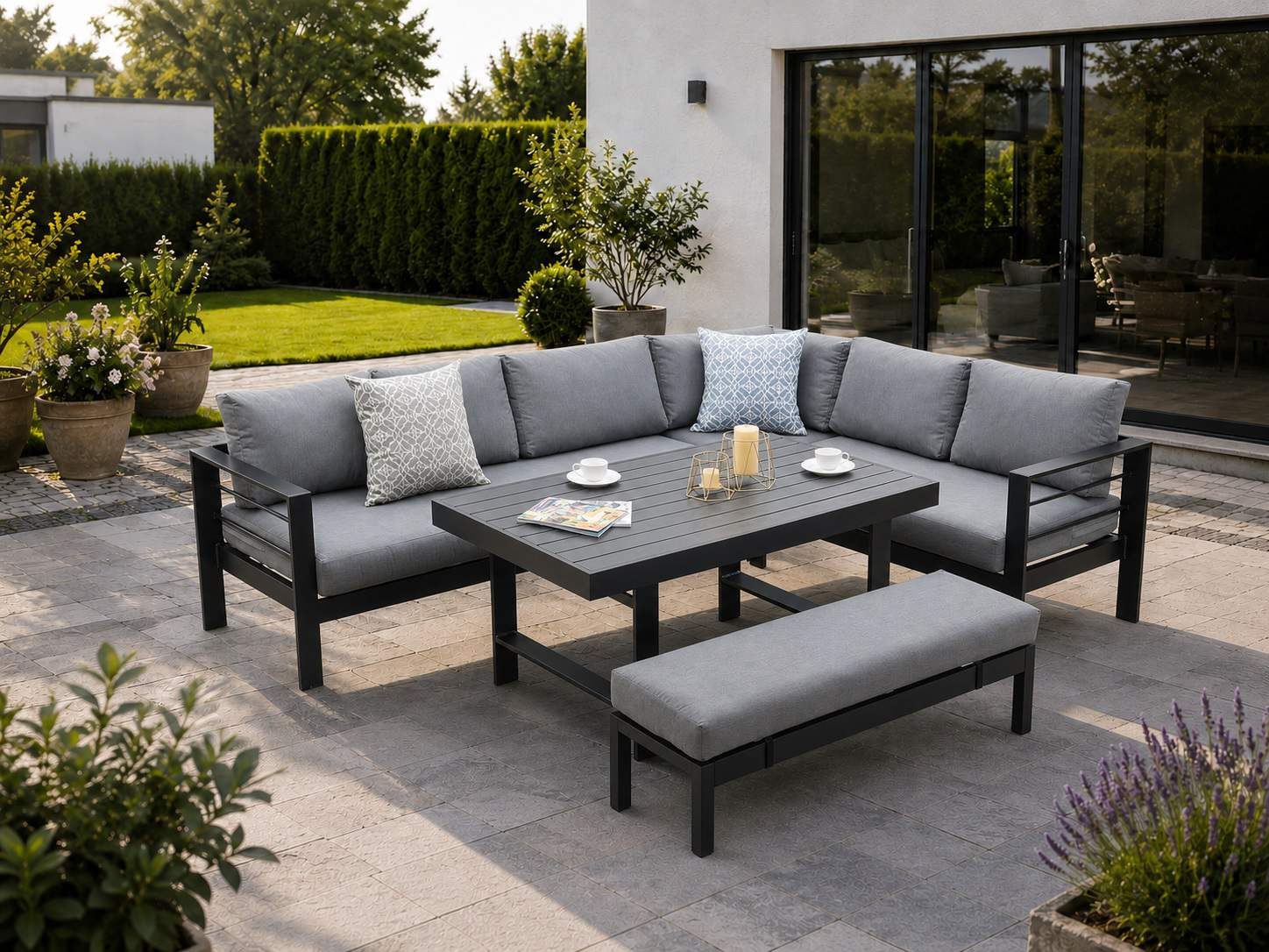 MeXo Gartenlounge-Set XXL Lounge Gartenmöbelset aus Aluminium, wetterfest, (Ecksofa mit rechter Ecke für 6-8 Personen, 5-tlg., 12/15 cm dicke Kissen, Terrassenmöbel Set mit hohem Tisch), pflegeleichte Polywood-Tischplatte, flexibel kombinierbar