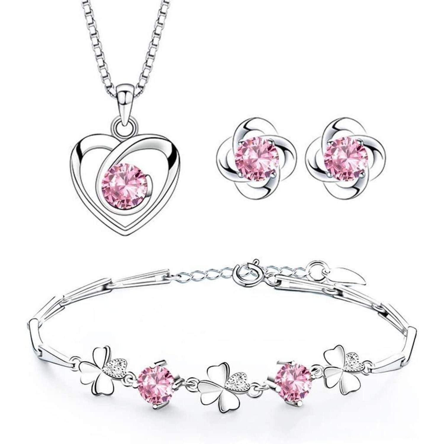 LuxusKollektion Schmuckset Schmuckset Silber 925 Halskette Herz Ohrringe Klee Zirkonia Rosa