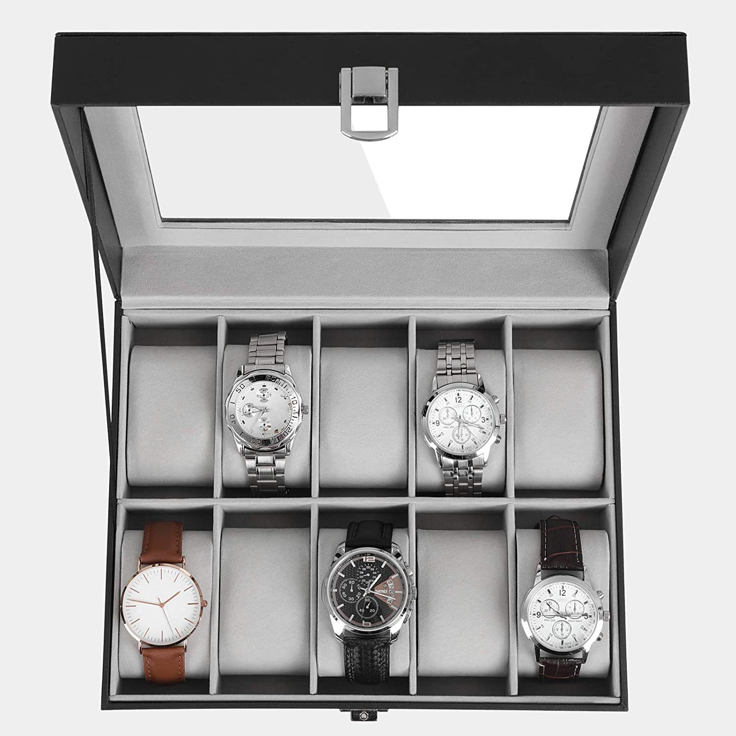 zggzerg Uhrenbox x Metallverschluss, Uhrenkasten 25,4 Uhrenkissen, Uhrenkoffer Fächern, cm Uhrenbox 7,8 mit x Glasdeckel, Herausnehmbaren 20,2 PU, 10 mit Schwarz mit SAMT-Innenfutter, Grau, aus