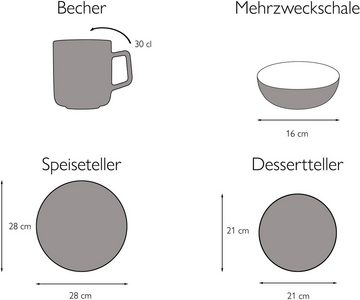 CreaTable Kombiservice Uno (16-tlg), 4 Personen, Steinzeug, seidenmatte Oberfläche, jedes Stück ein Unikat