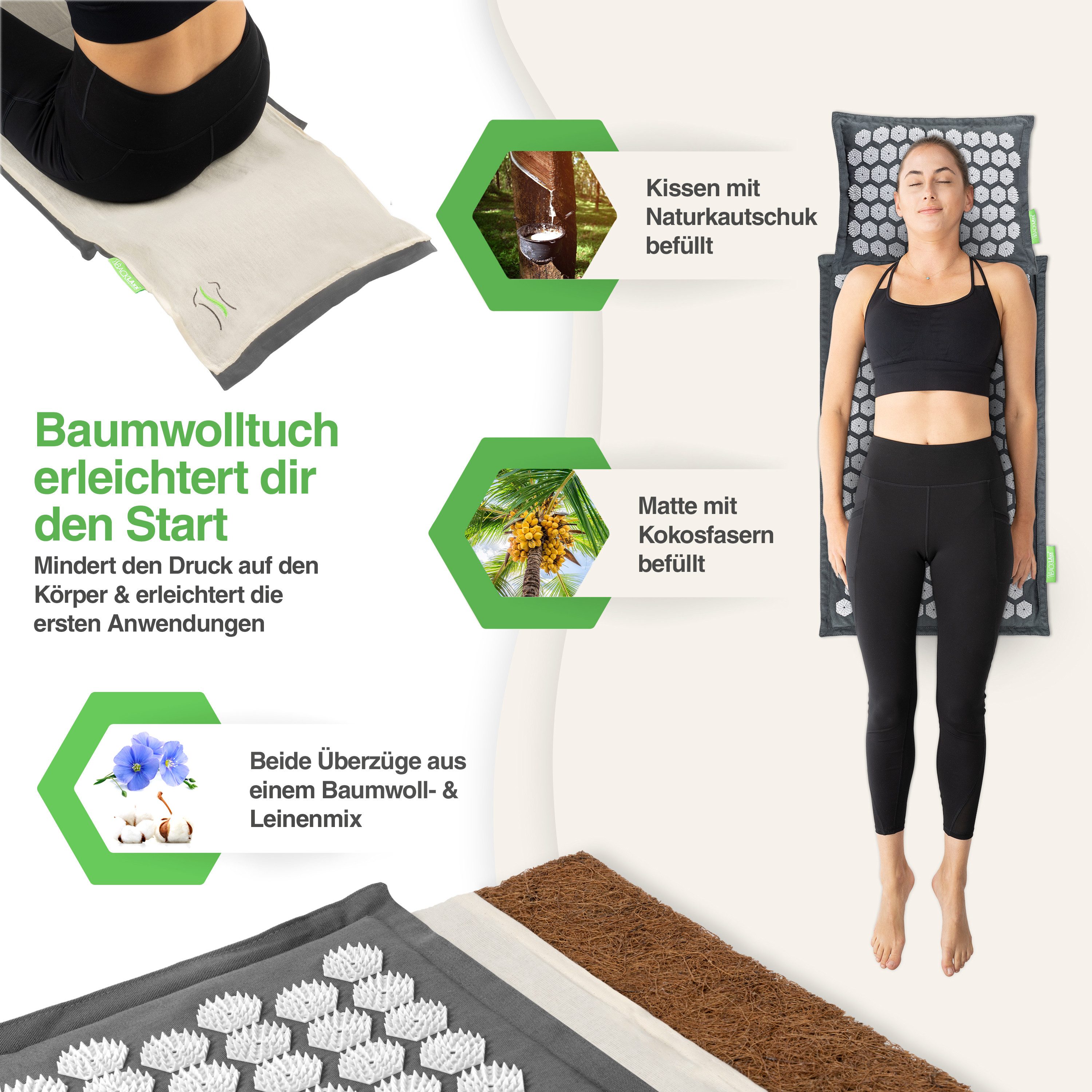 BACKLAxx® Akupressurmatte Set "Original" - Akupunkturmatte mit Stacheln (5-tlg. Akupressur Set, inkl. Akupressurmatte - & Kissen, Lendenkissen, Tragetasche & Tuch), Matte mit 9.600 Spitzen, Kissen mit 3.168 Spitzen