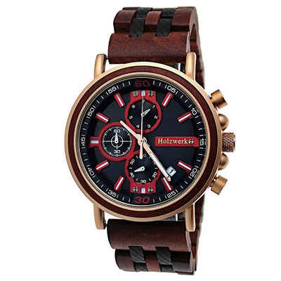 Holzwerk Chronograph BELGERN Damen & Herren Holz Uhr mit Datum in braun, rose gold, rot