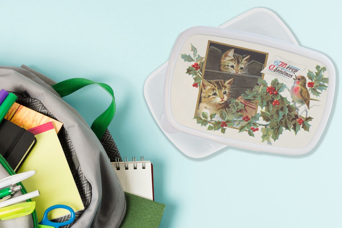 Kinder Vogel, und - für (2-tlg), Katzen Lunchbox Weihnachten Mädchen und für weiß - Brotbox Erwachsene, Jungs Brotdose, Kunststoff, MuchoWow