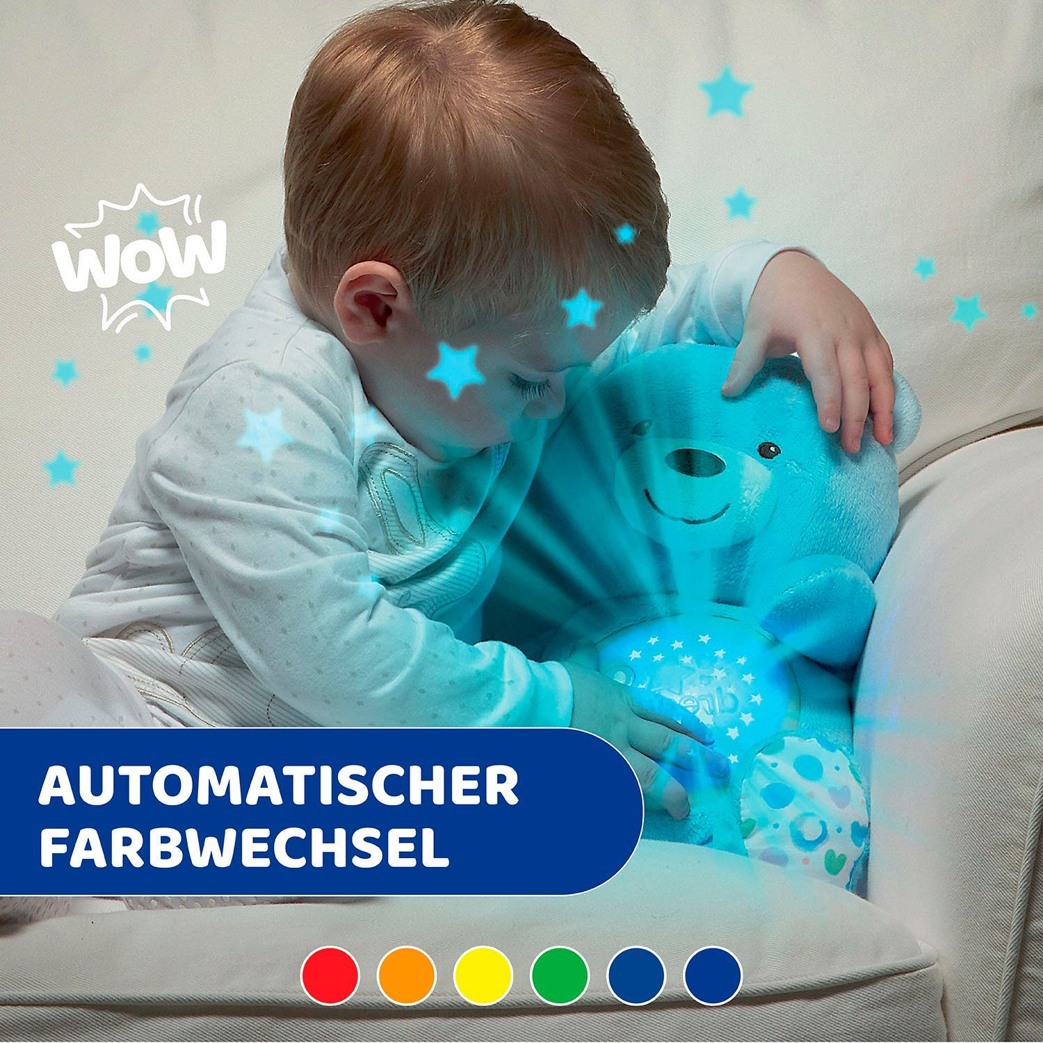 Chicco Kuscheltier First Dreams Baby Bär, Hellblau, mit Lichtprojektion und Soundfunktion – Bild 5 von 5