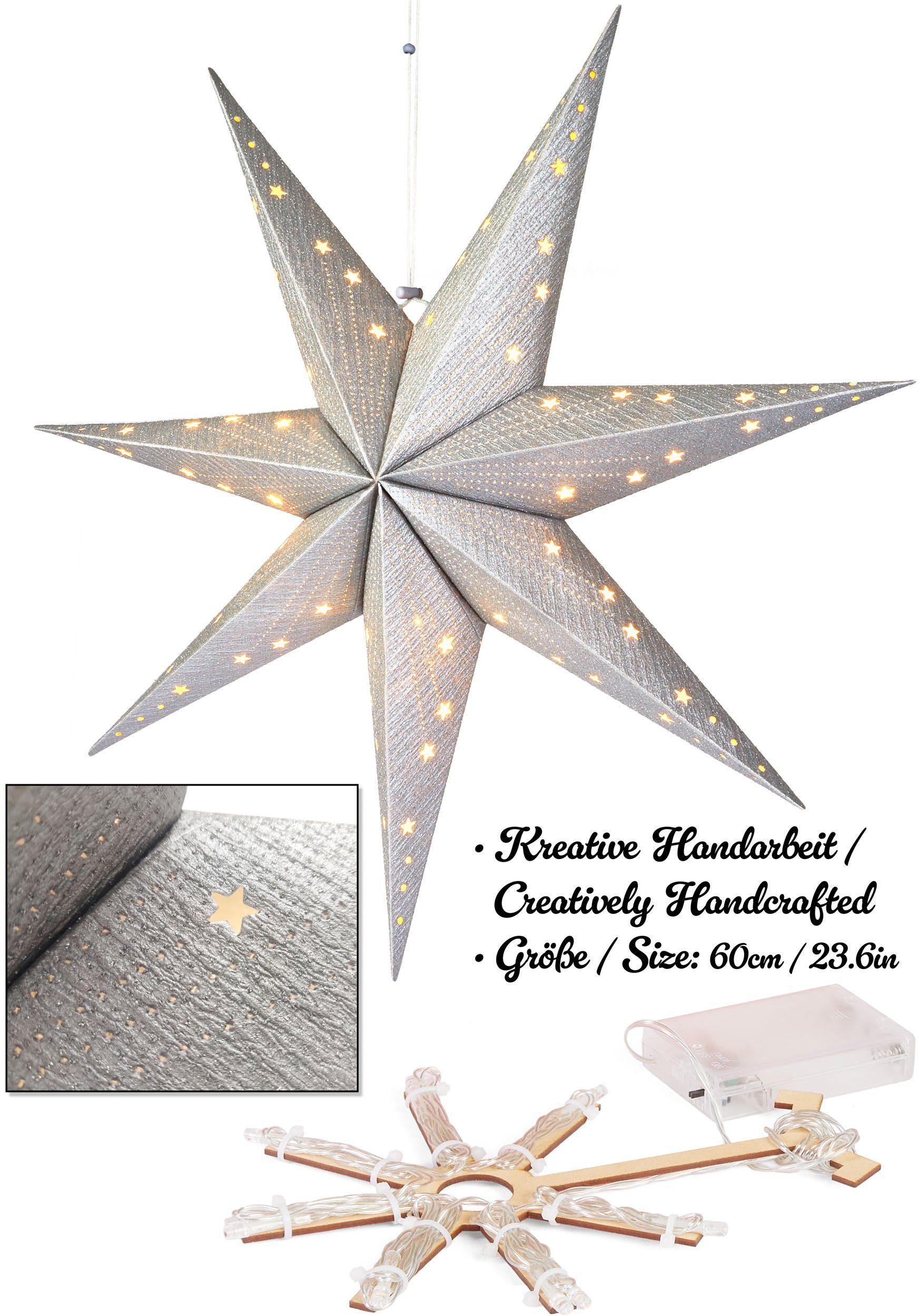 BRUBAKER LED Stern Weihnachtsstern zum Aufhängen - 60 cm Papierstern mit 7 Spitzen, Batteriebetrieben, Hängend und Beleuchtet, LED fest integriert, Warmweiß, 3D Adventsstern - Fenster Deko Leuchtstern