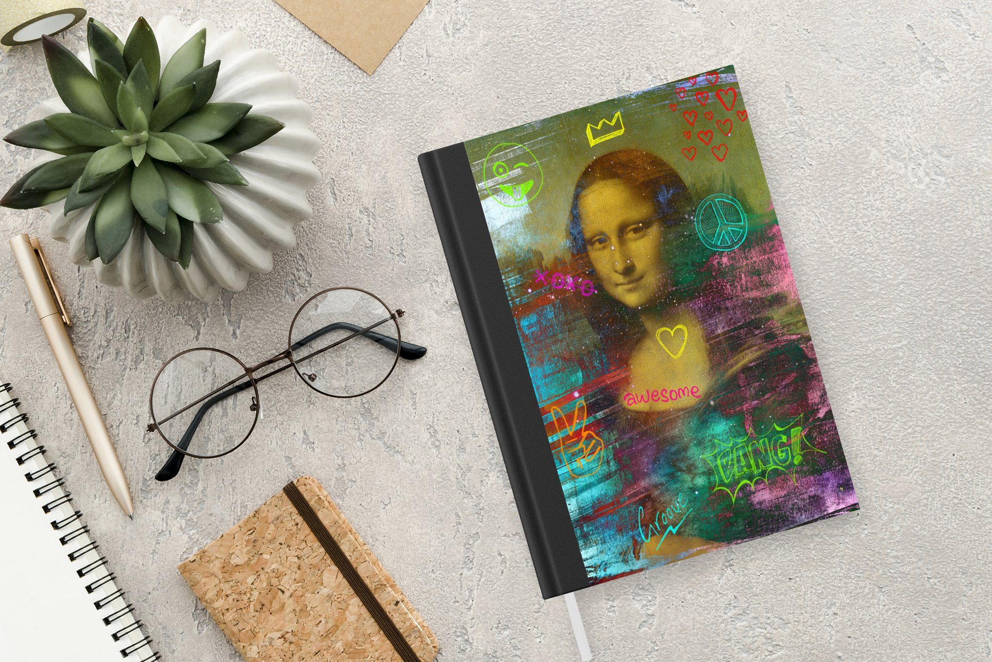Tagebuch, 98 Journal, da Lisa Notizbuch Neon, Merkzettel, Mona - Vinci - A5, Notizheft, MuchoWow Seiten, Leonardo Haushaltsbuch