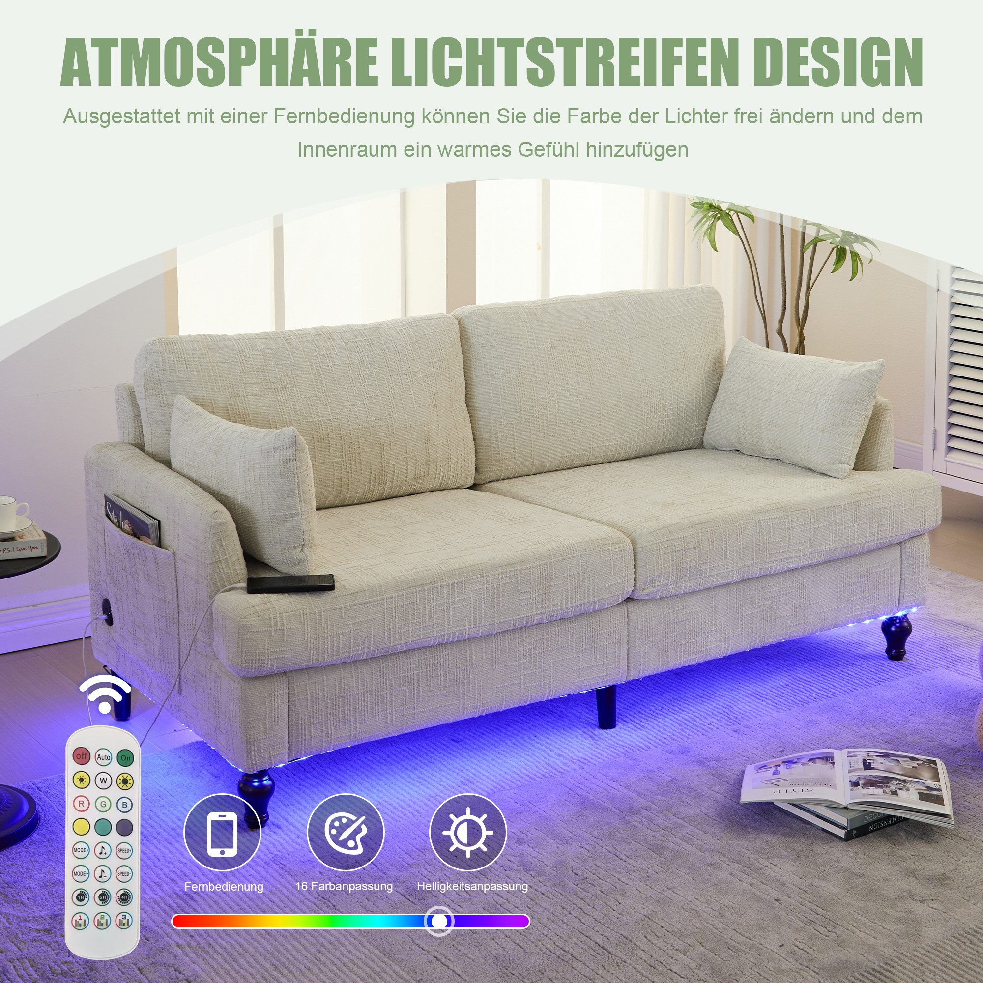HAUSS SPOLE Sofa 2-sitziges Wohnzimmersofa Ecksofa Couch mit LED-Licht und USB, 2-Sitzer Chenille-Wohnzimmersofa mit USB-Anschluss & LED, moderne Couch mit Stauraum, für Wohnzimmer, Schlafzimmer & Büro