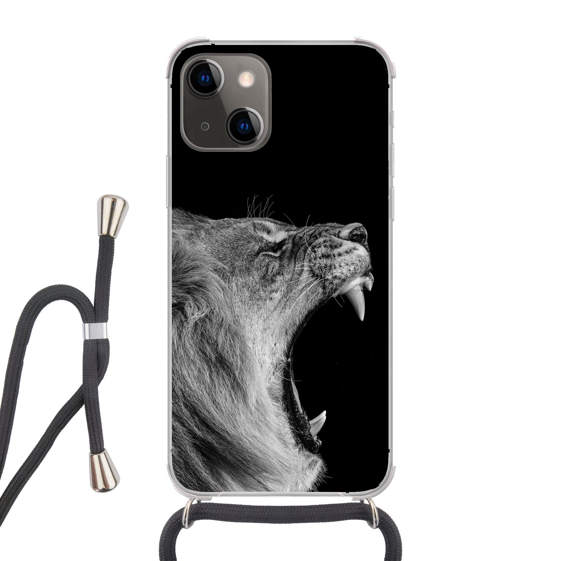 MuchoWow Handyhülle für Apple iPhone 13 Tiere - Löwe - Schwarz - Weiß - Porträt, Tragbare Handyhüllen mit Kette zum umhängen, Handykette Handyband