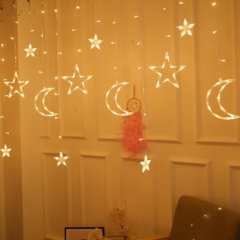 MUPOO LED-Lichtervorhang Lichtervorhang LED Deko, Warmweiß Lichterketten 8 LED dekoration, mit Eid Ramadan Ramadan Mubarak Modi, geschenke Vorhanglichter