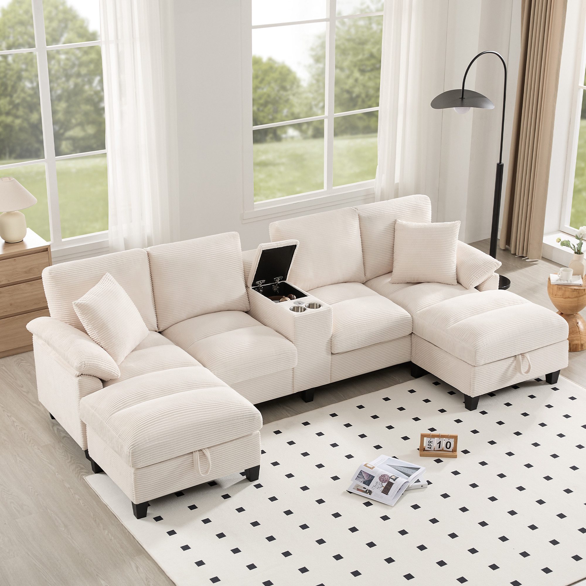 BlingBin Loungesofa 4-Sitzer-Sofa in U-Form mit Stauraum und 2 USB-Anschlüssen, 1er Set, Ecksofa mit Kissen & Edelstahl-Getränkehaltern für Wohnzimmer, Beige