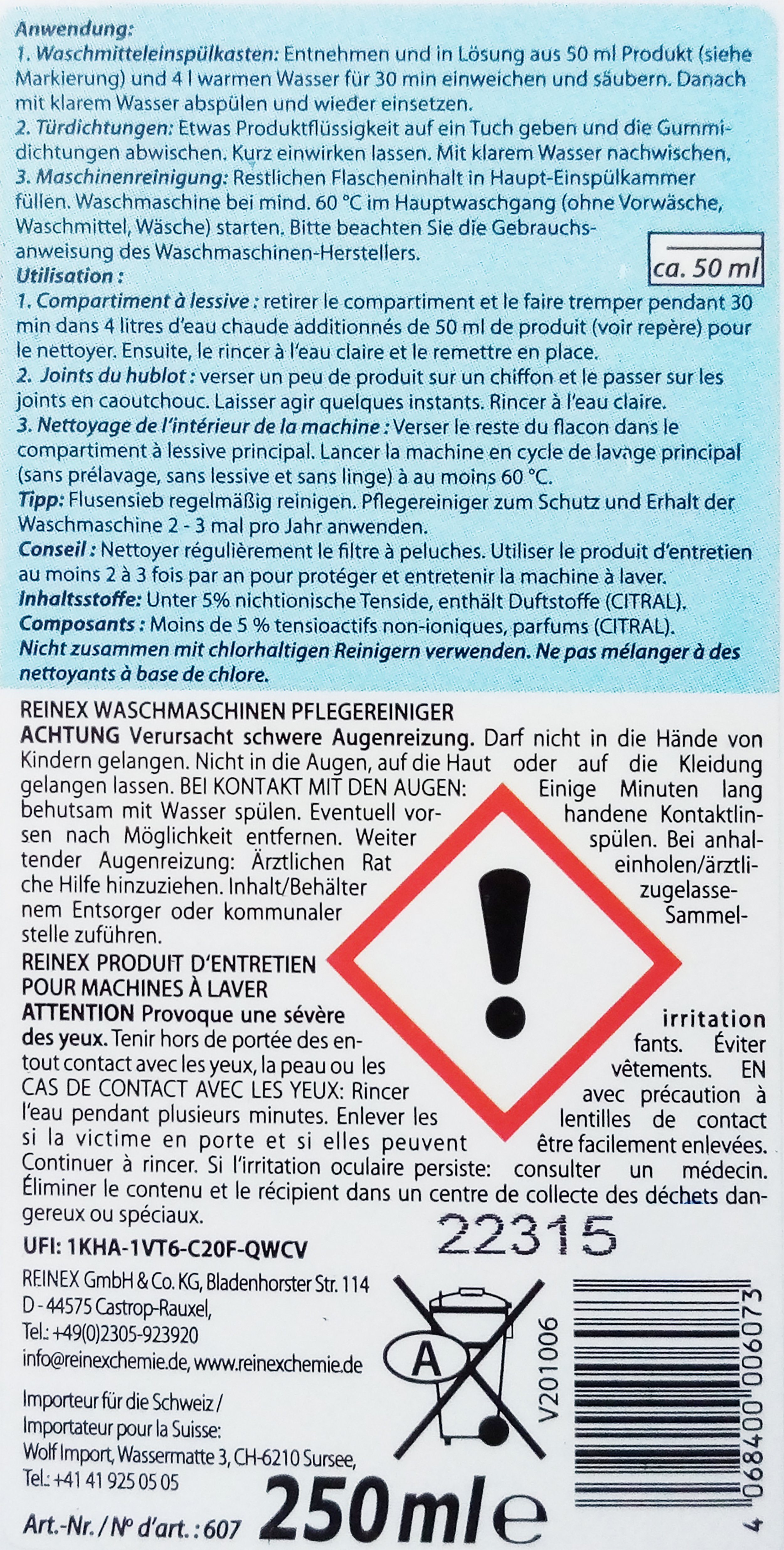 Reinex WASCHMASCHINEN PFLEGEREINIGER 250ml Waschmaschinenpflege 73 Waschmaschinenpflege (Waschmaschine Waschmaschinen Hygiene Reinigung Pflege Reiniger)