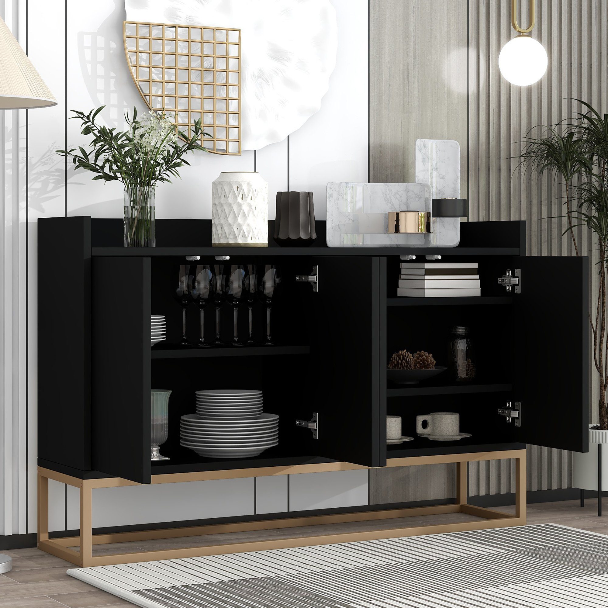 WISHDOR Anrichte Küchenschrank, Modernes Sideboard im minimalistischen Stil 4-türiger (griffloser Buffetschrank für Esszimmer, Wohnzimmer, Küche) schwarz