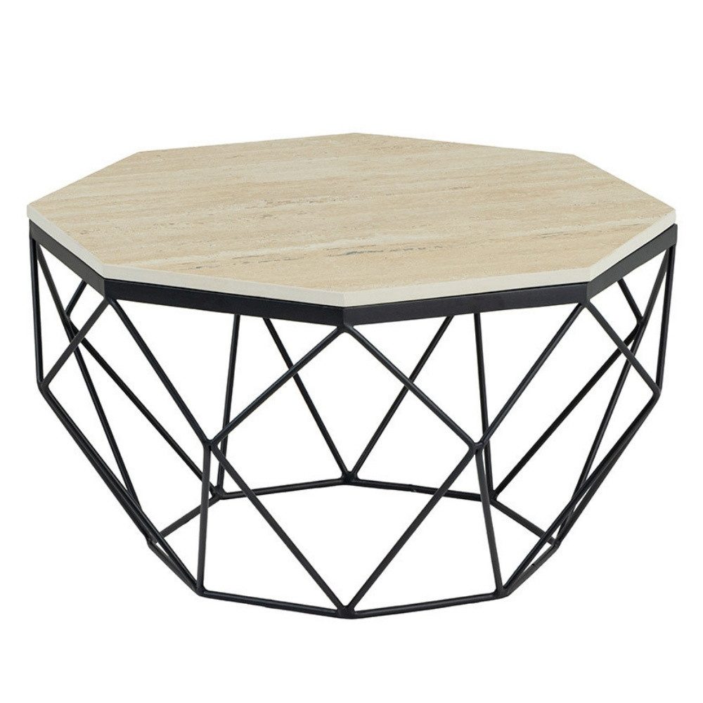 LebensWohnArt Couchtisch Exklusiver Couchtisch BIJOUX ca.70cm beige Travertin schwarz Metall