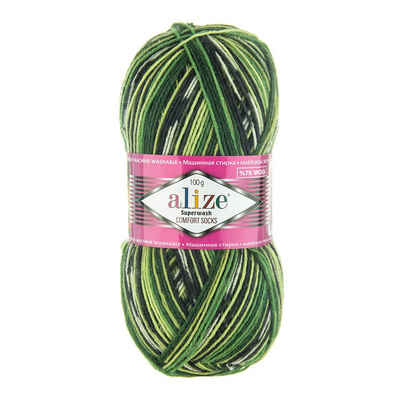 Alize »100g Sockenwolle Superwash Comfort 4-fädig Schurwolle Sockengarn Farbauswahl« Häkelwolle, 420 m, 2696 anthrazit grün creme