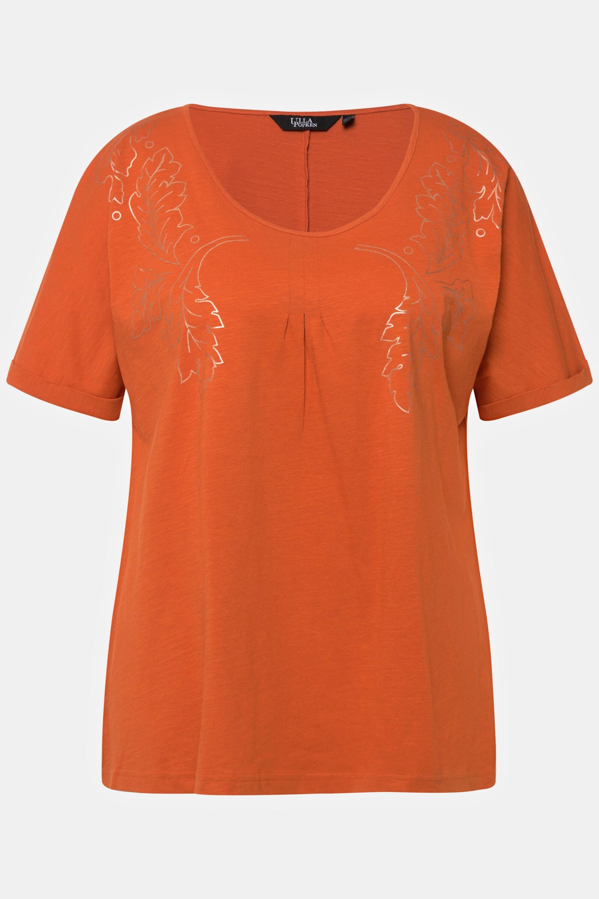 Ulla Popken Metallic-Druck Oversized V-Ausschnitt Rundhalsshirt orange T-Shirt