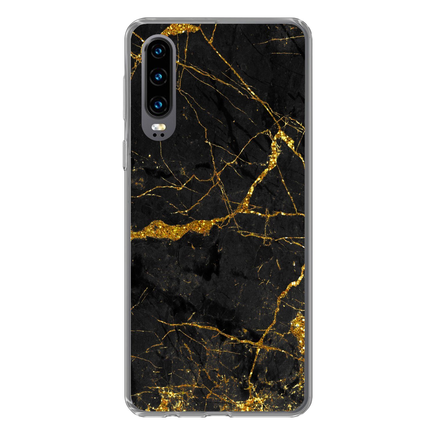 MuchoWow Handyhülle für Huawei P30 Marmor - Gold - Schwarz - Marmoroptik - Luxus - Glitzer, Handy Case, Silikon, Bumper Case Dünn