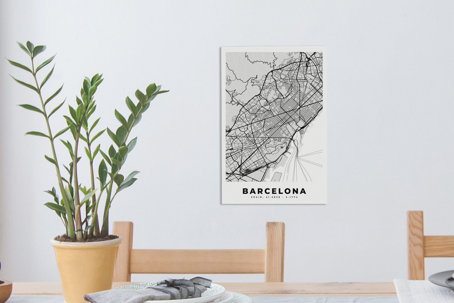 Zackenaufhänger, und weiß, Schwarz 20x30 St), OneMillionCanvasses® inkl. cm - Stadtplan Leinwandbild bespannt - (1 - Barcelona Gemälde, Leinwandbild fertig Karte