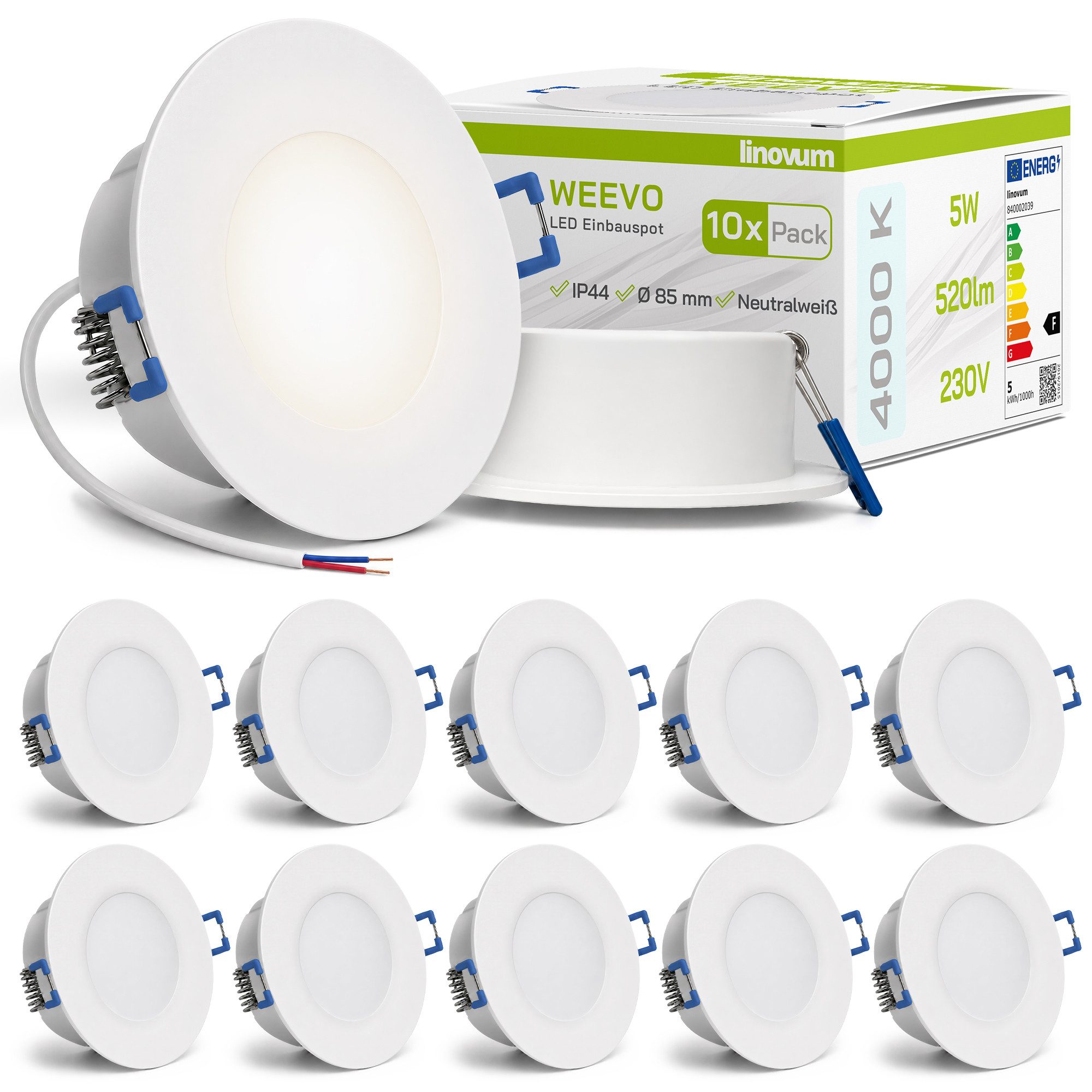 linovum LED Einbaustrahler 10x WEEVO LED Einbauspots IP44 neutralweiß 5W Badlampe Deckenstrahler, Neutralweiß
