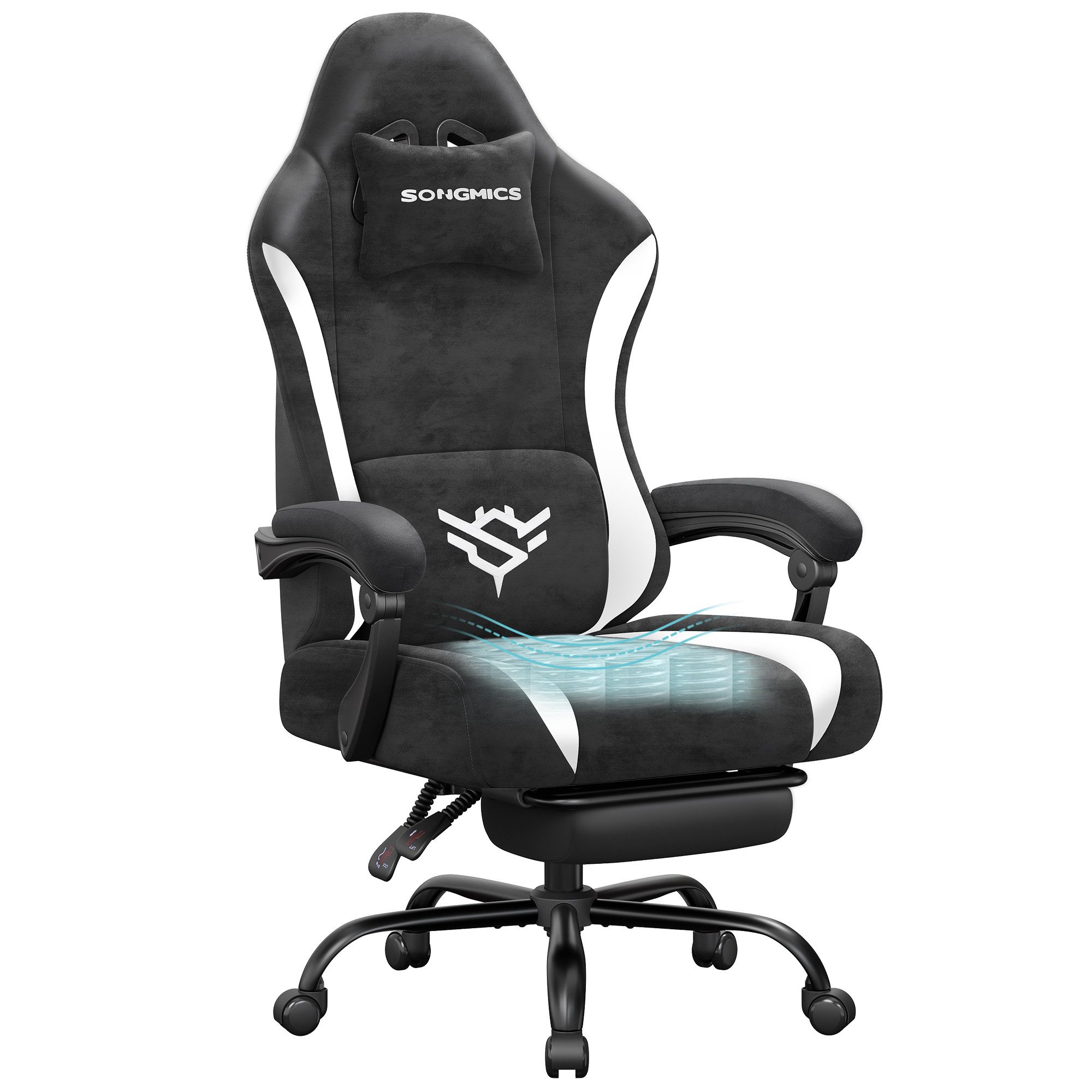 SONGMICS Drehstuhl Gaming Stuhl, ergonomischer Bürostuhl, mit Fußstütze und Lendenkissen, 135° Neigung, aus Polyester, 70 x 70 x 120-130 cm