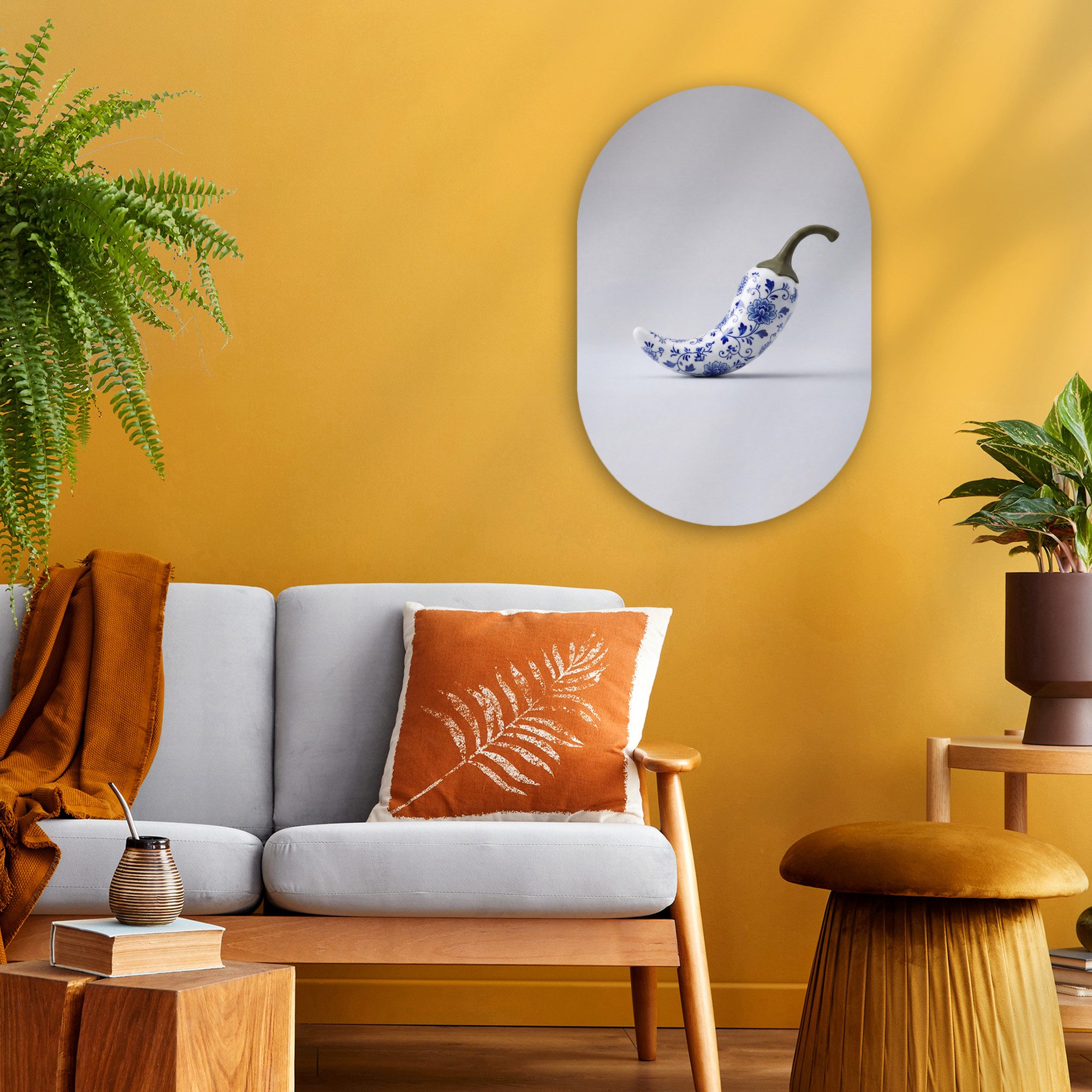 MuchoWow Gemälde Chilischote - Keramik - Blau, Fotodruck (1 St), Wandbild Oval, Wohnzimmer oder Schlafzimmer Wanddekoration, 40x60 cm