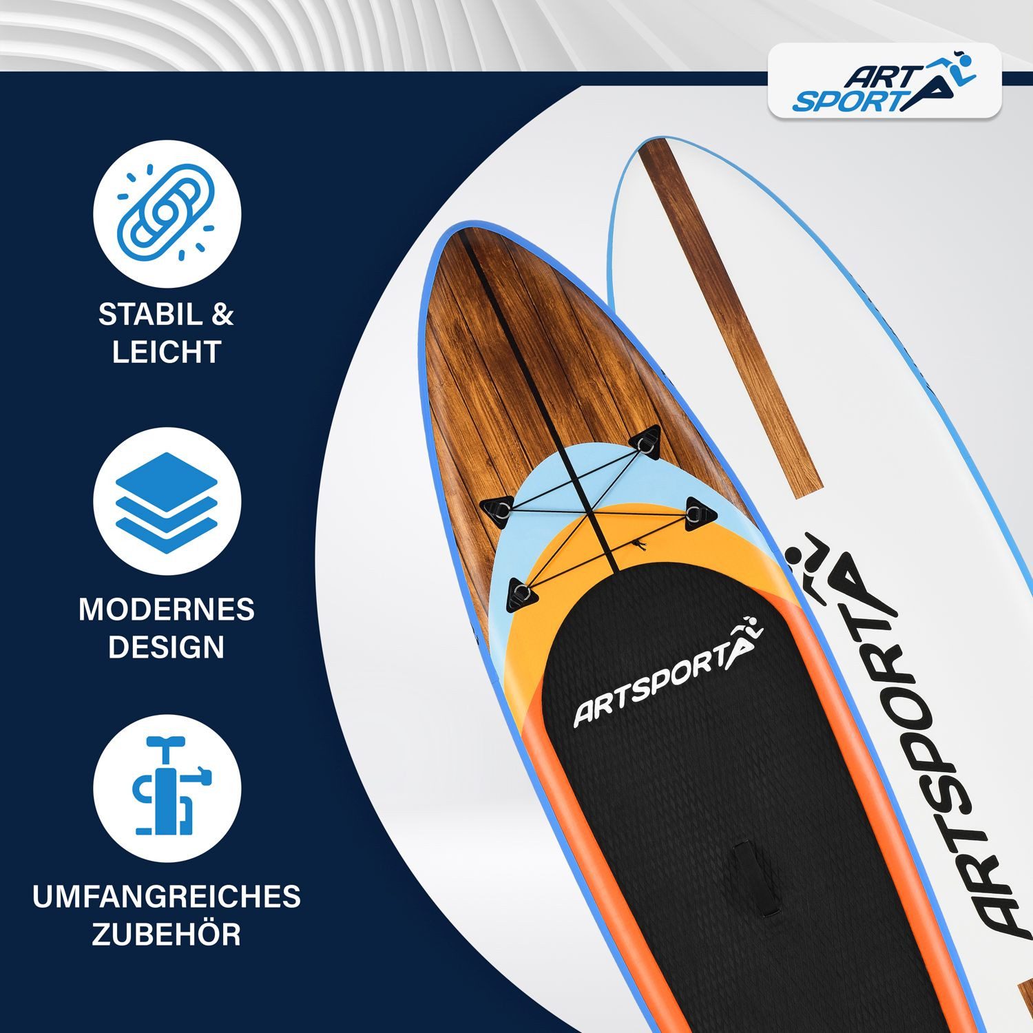 ArtSport Inflatable SUP-Board Beach Rocker, Stand Up Paddling Board, ideal für Anfänger, bis 150 kg, inkl. Tragetasche und Zubehör