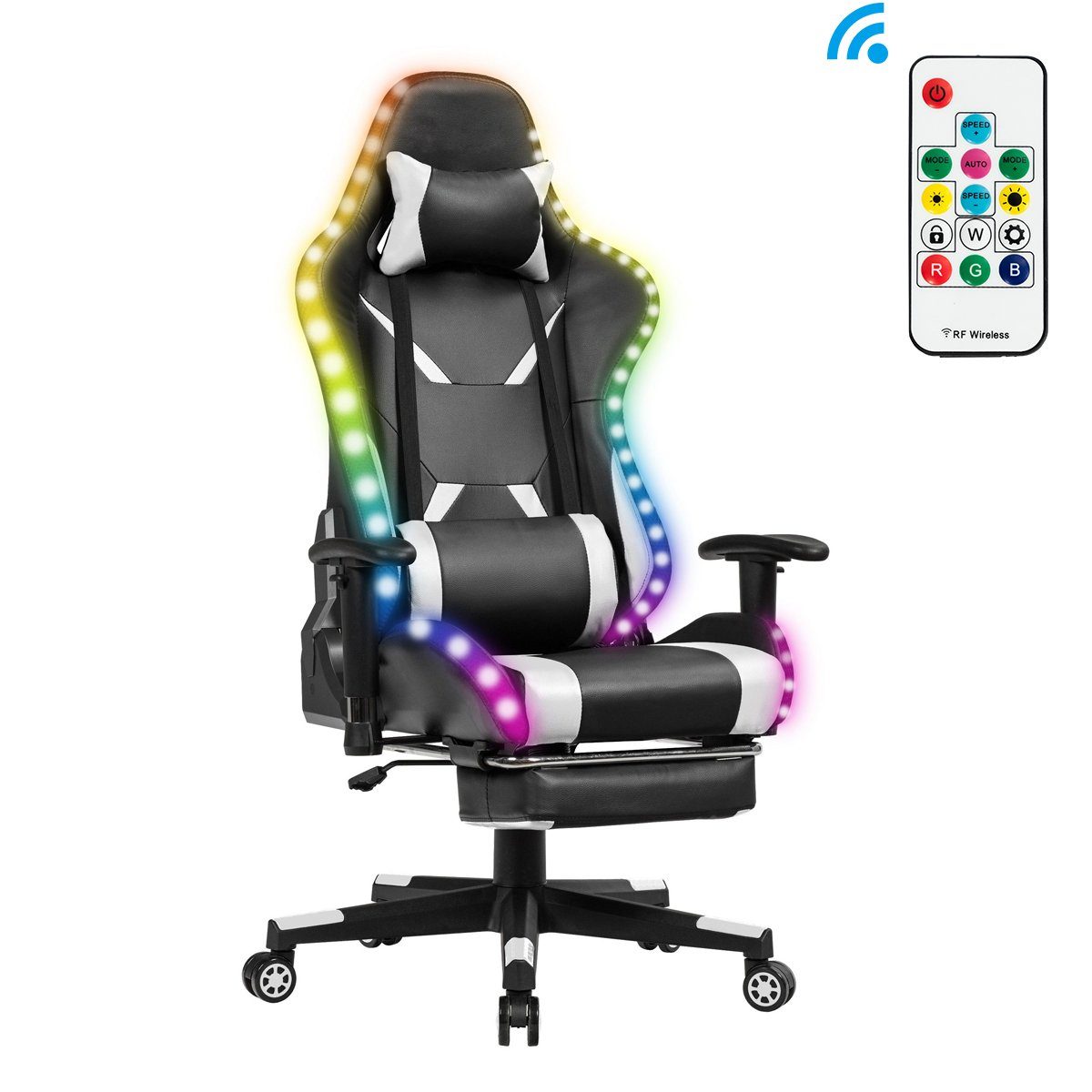 COSTWAY Gaming-Stuhl PC Stuhl Racingstuhl LED, mit 358 Lichtmodi, mit  Fernbedienung, mit Verstellbarer Fußstütze, Armlehne und Rückenlehne