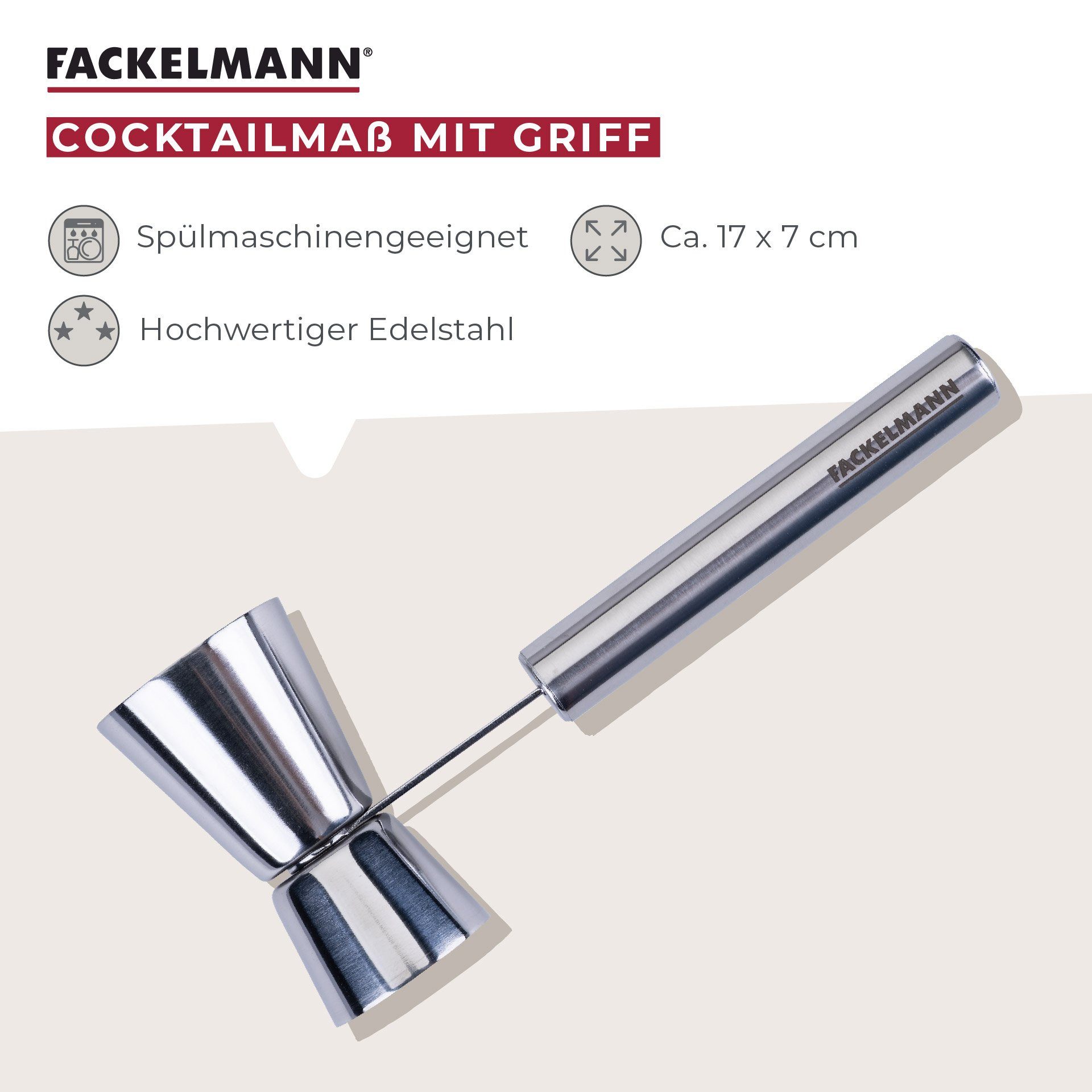 FACKELMANN Messbecher Cocktailmaß mit Griff, Barmaß, Jigger, Dosierhilfe, Messbecher