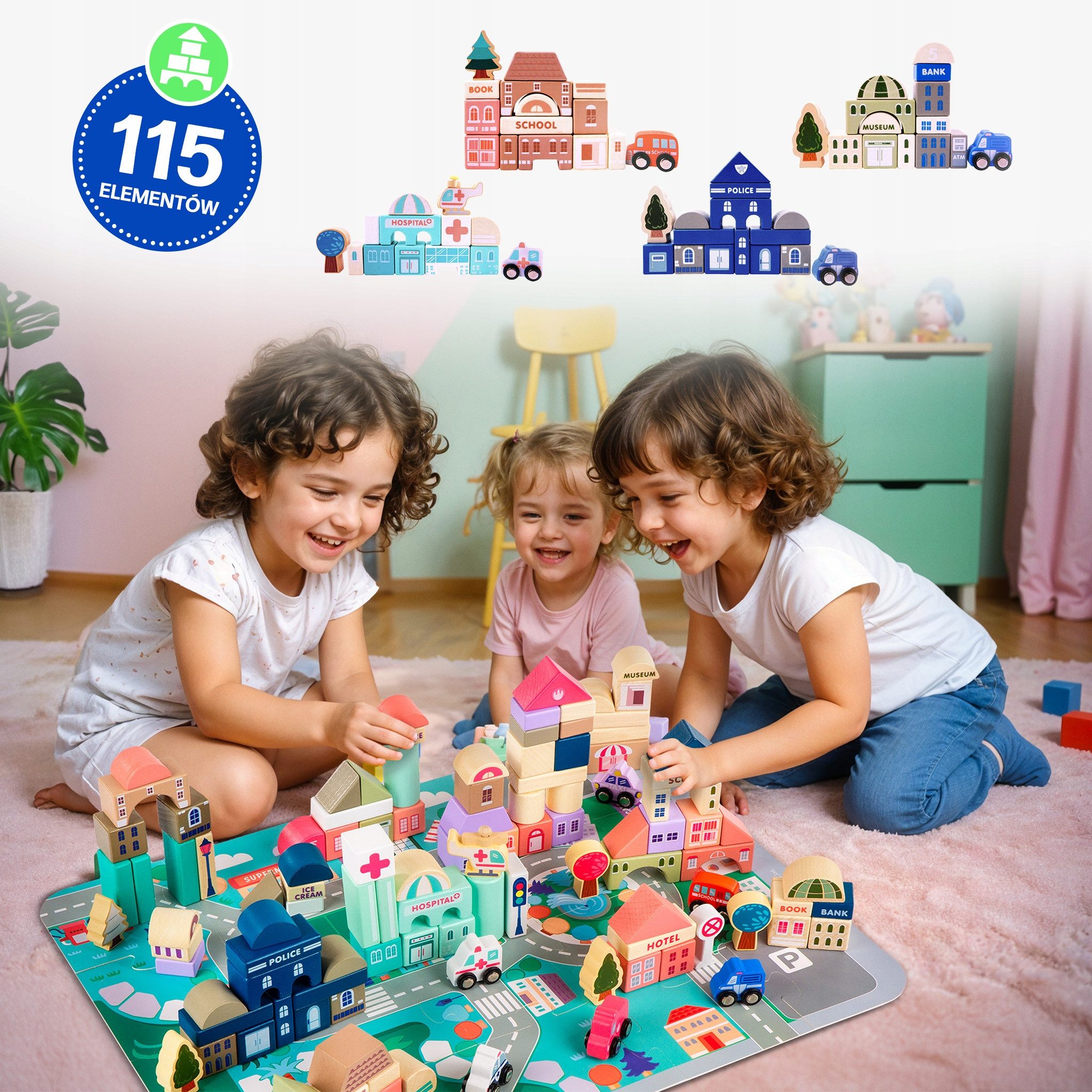 Kinderplay Dolls & Strollers Holzbausteine Stadt Set – 115 tlg Lernspiel – ab 3 Jahren – mit Matte Holzbaukasten, (Set, Holz-Bausteine-Set 115-tlg)